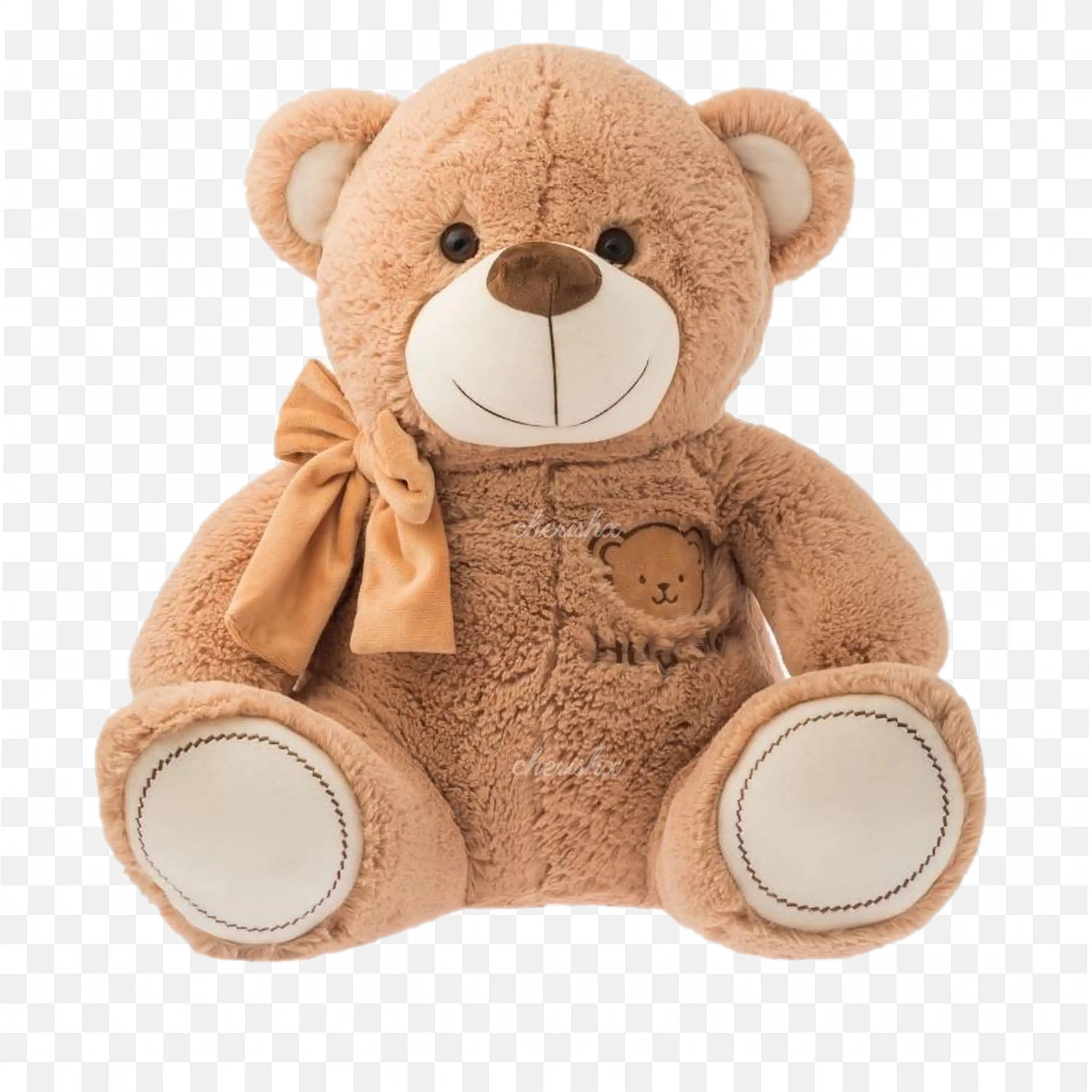 Soft Brown Teddy Bear with Bow and Cute Pocket Png