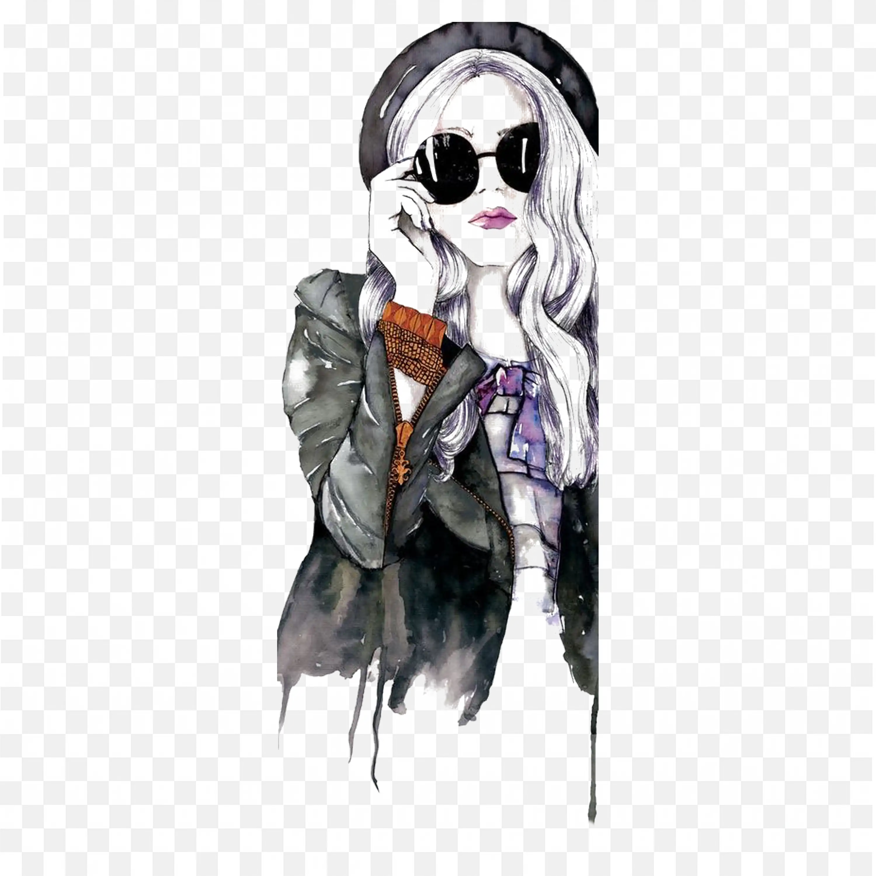 Stylish Woman in Sunglasses and Hat Water Artwork Free Png