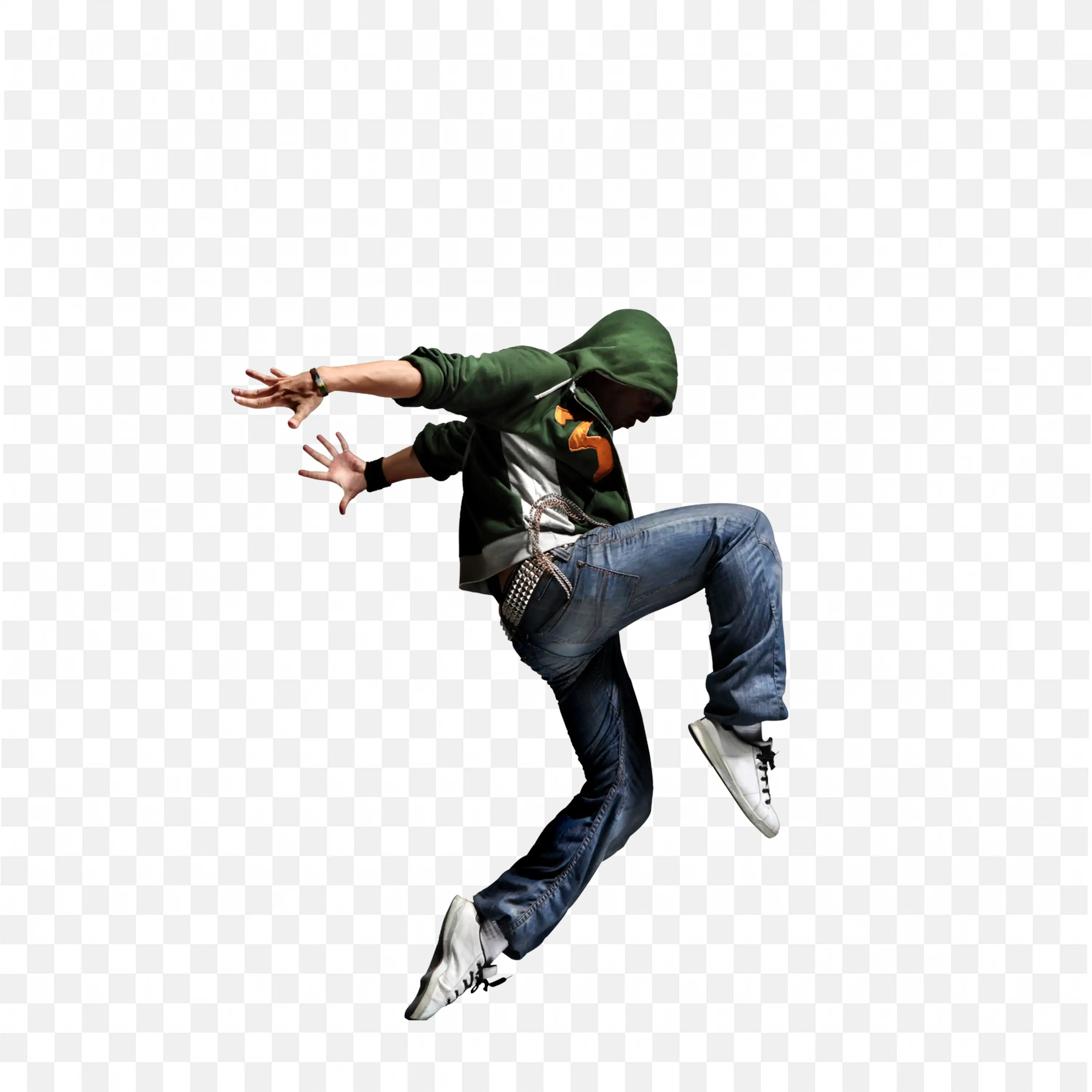 Urban Street Dancer Mid Air Leap in Casual Hoodie and Jeans