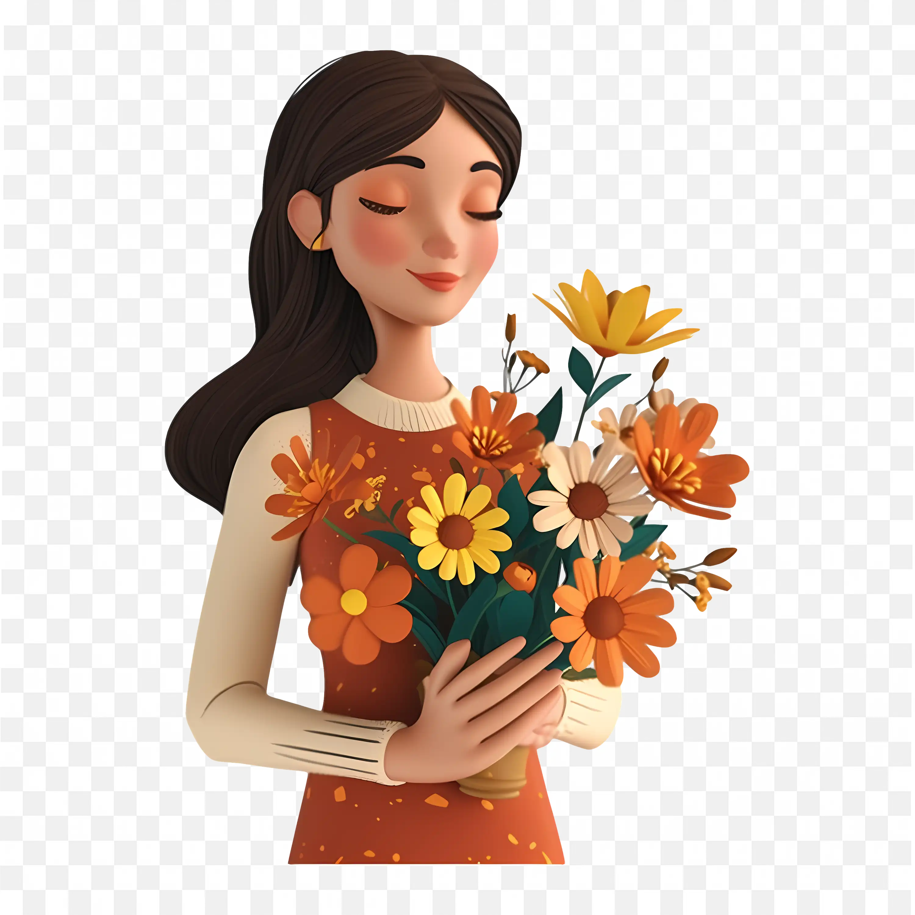 3D Woman Holding a Beautiful Bouquet of Flowers Cartoon