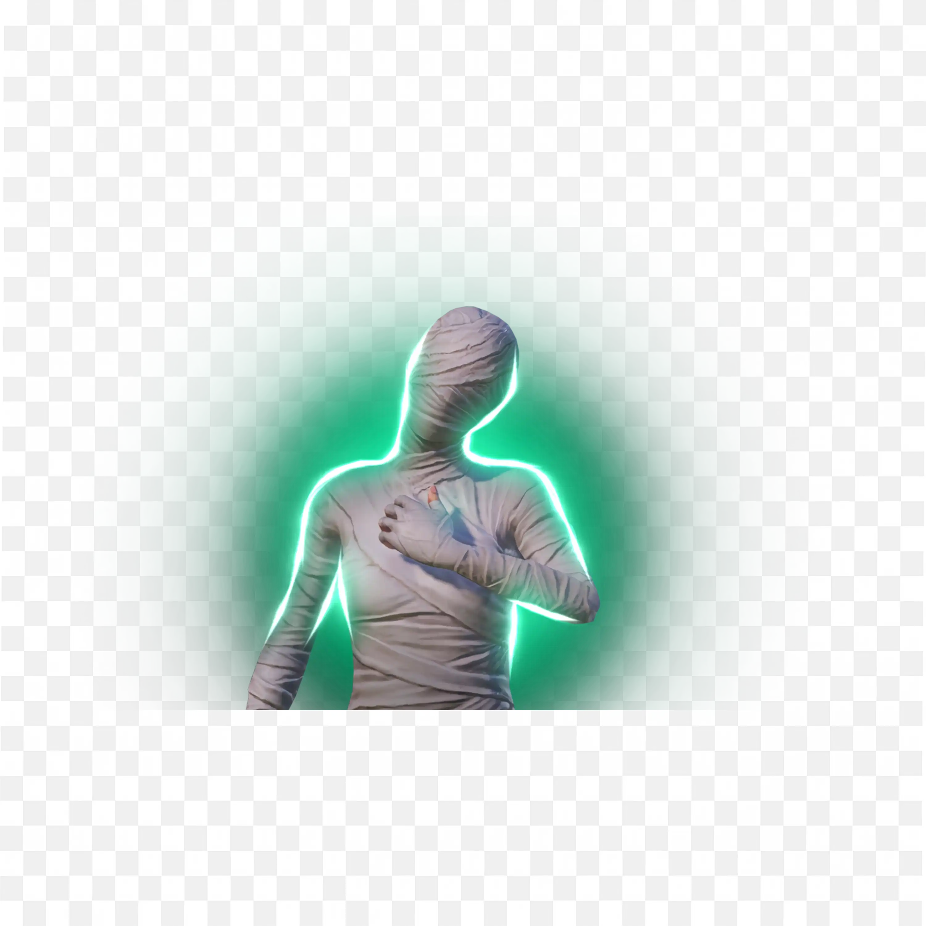 Wrapped Figure with Shining Teal Mood with Hand on Chest Png