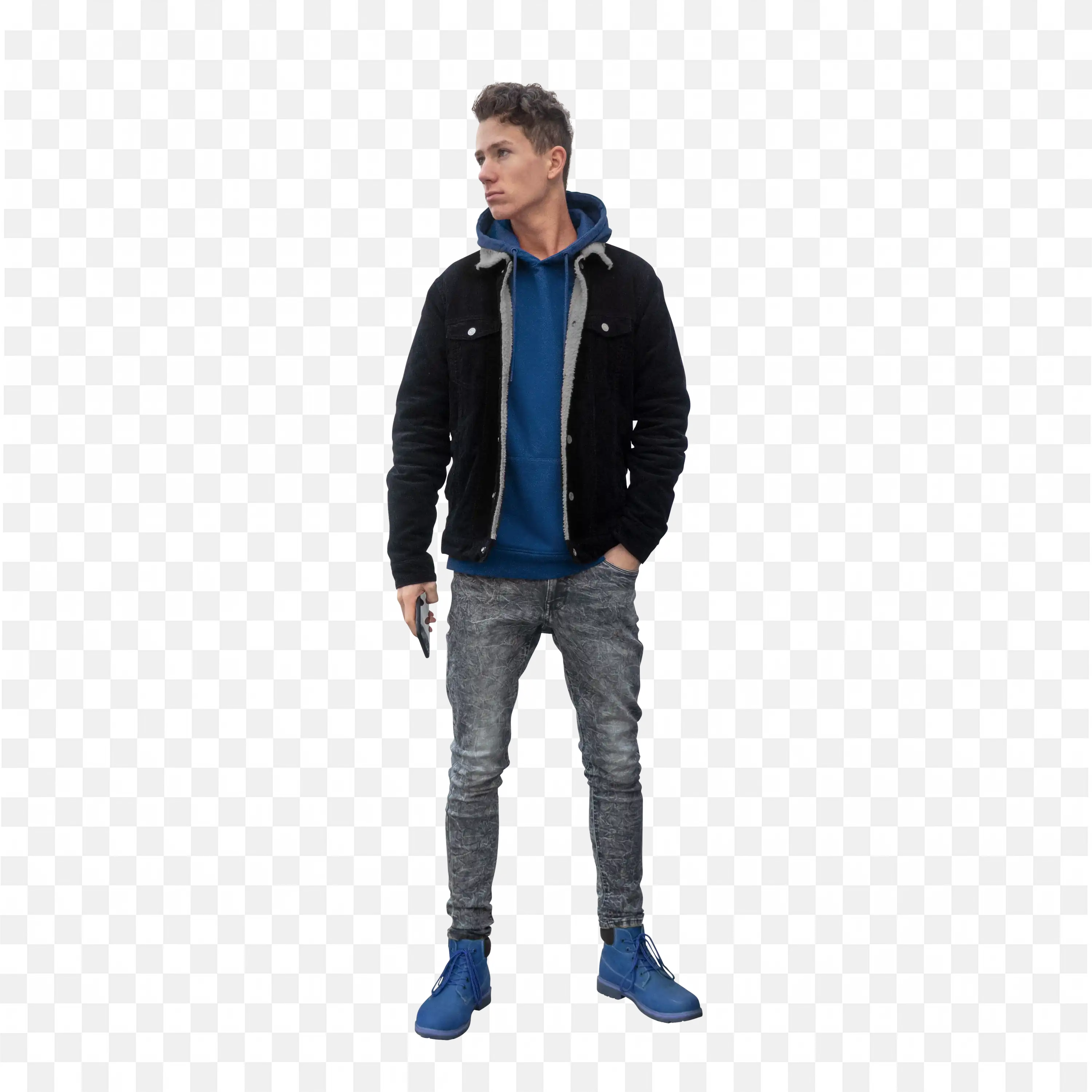 Young Man in Casual Urban Outfit Holding Phone Free Png