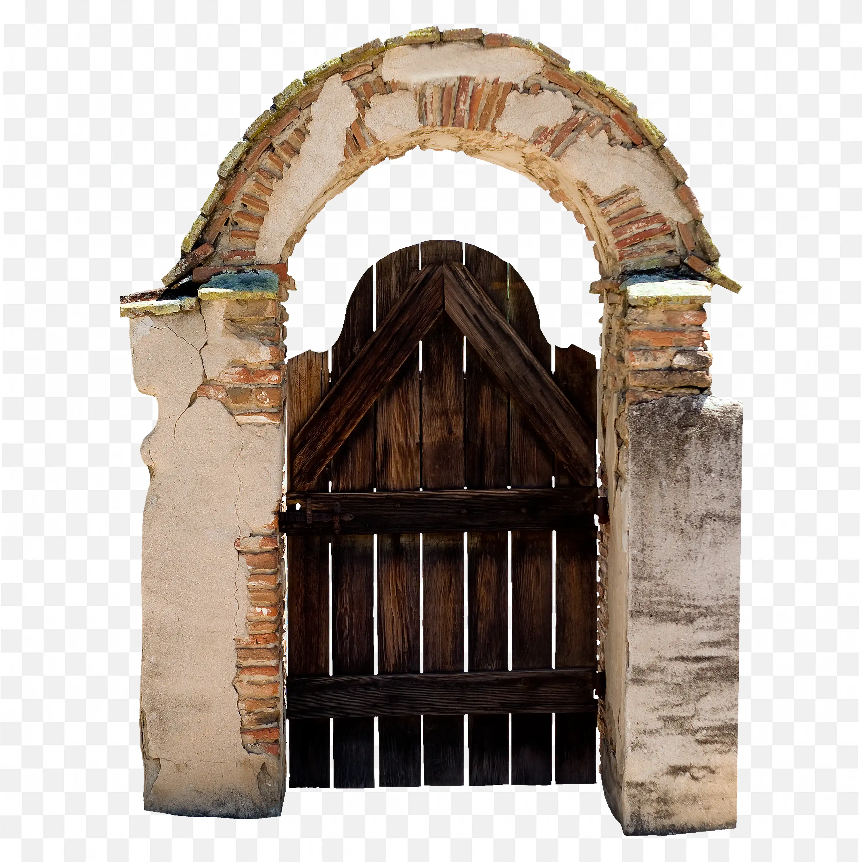 Aged Wooden Gate with an Old Brick Wall Clip Art Free PNG