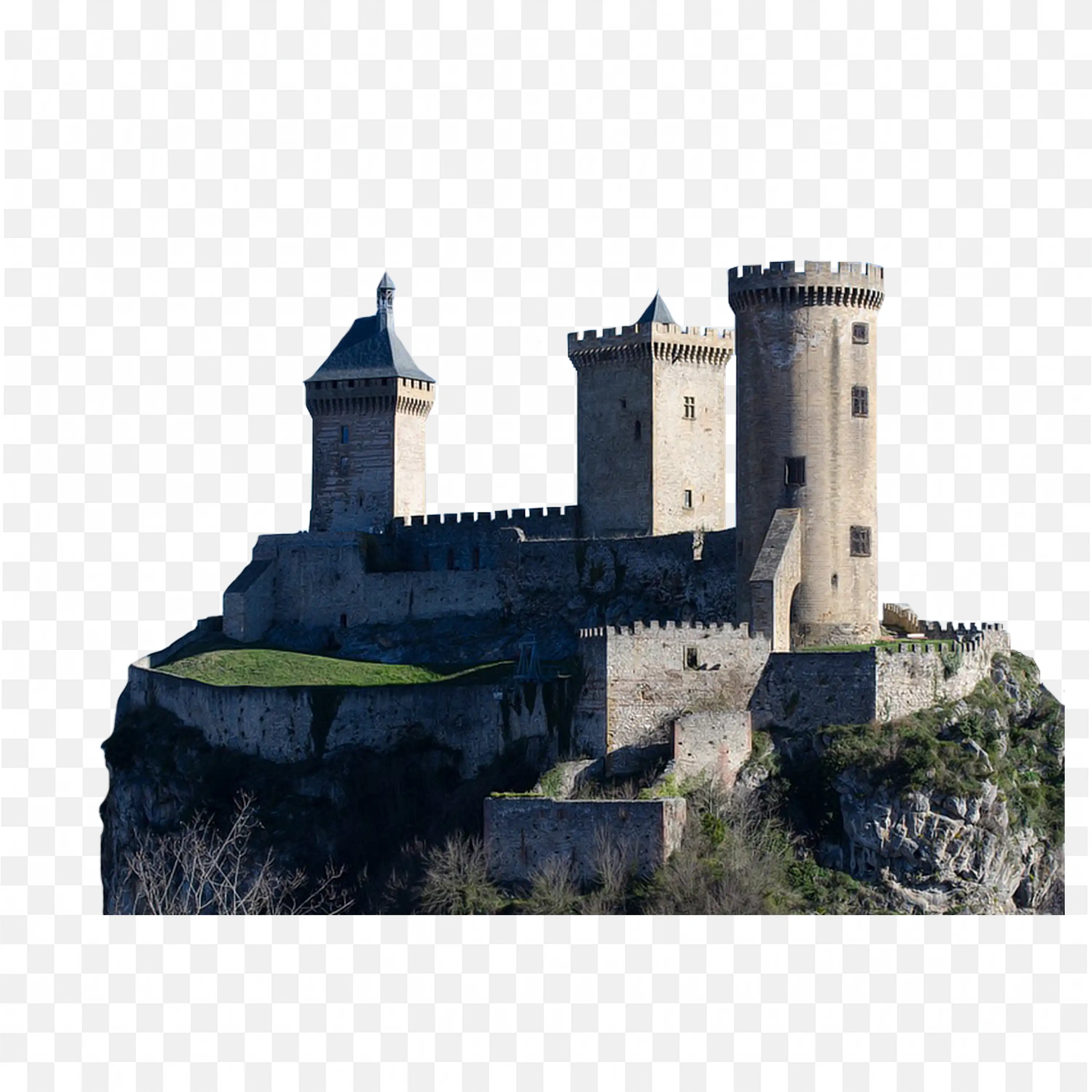 Ancient Stone Castle Placed on Rocky Hilltop PNG Image