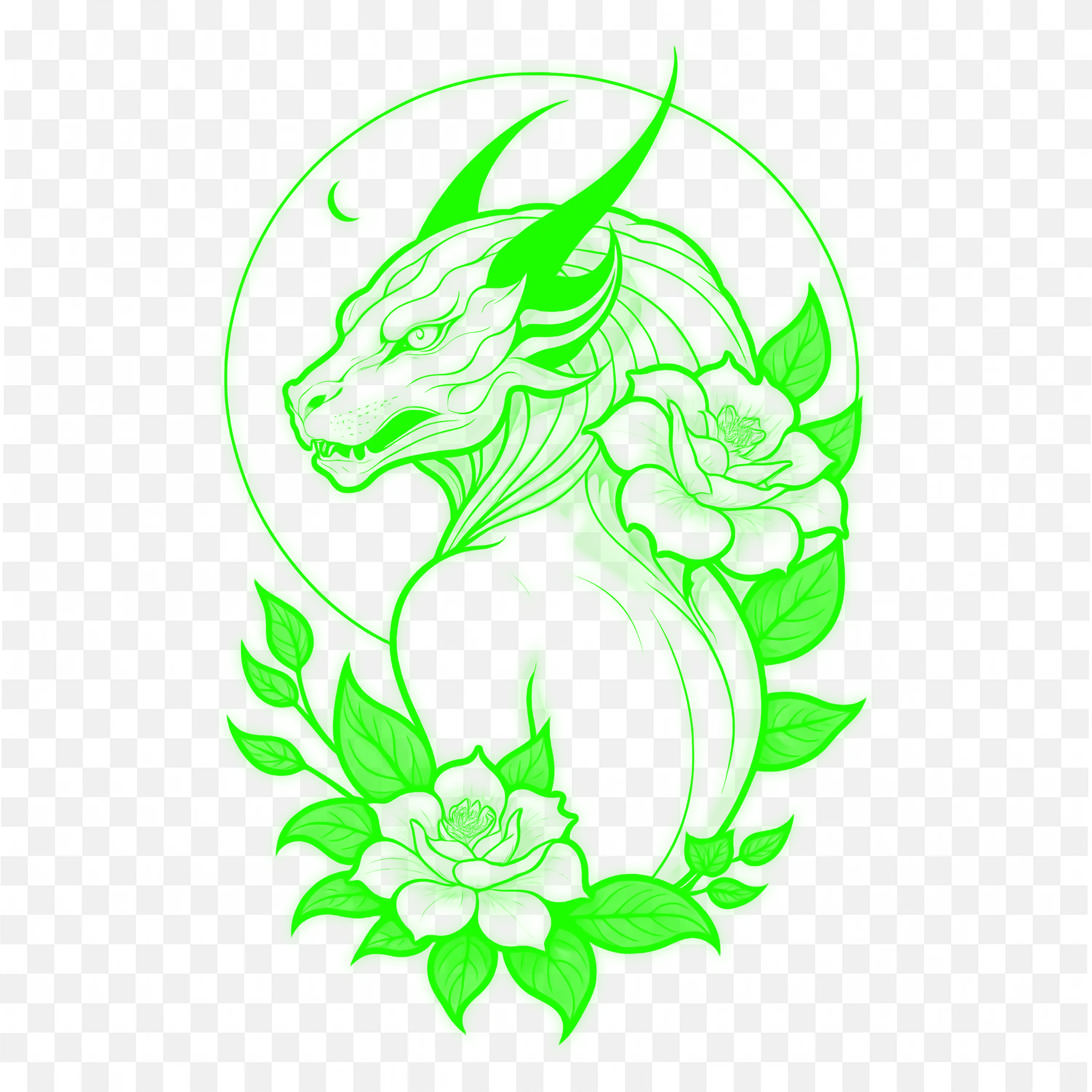 Art of Bright Green Dragon Head with Flowers and Moon PNG