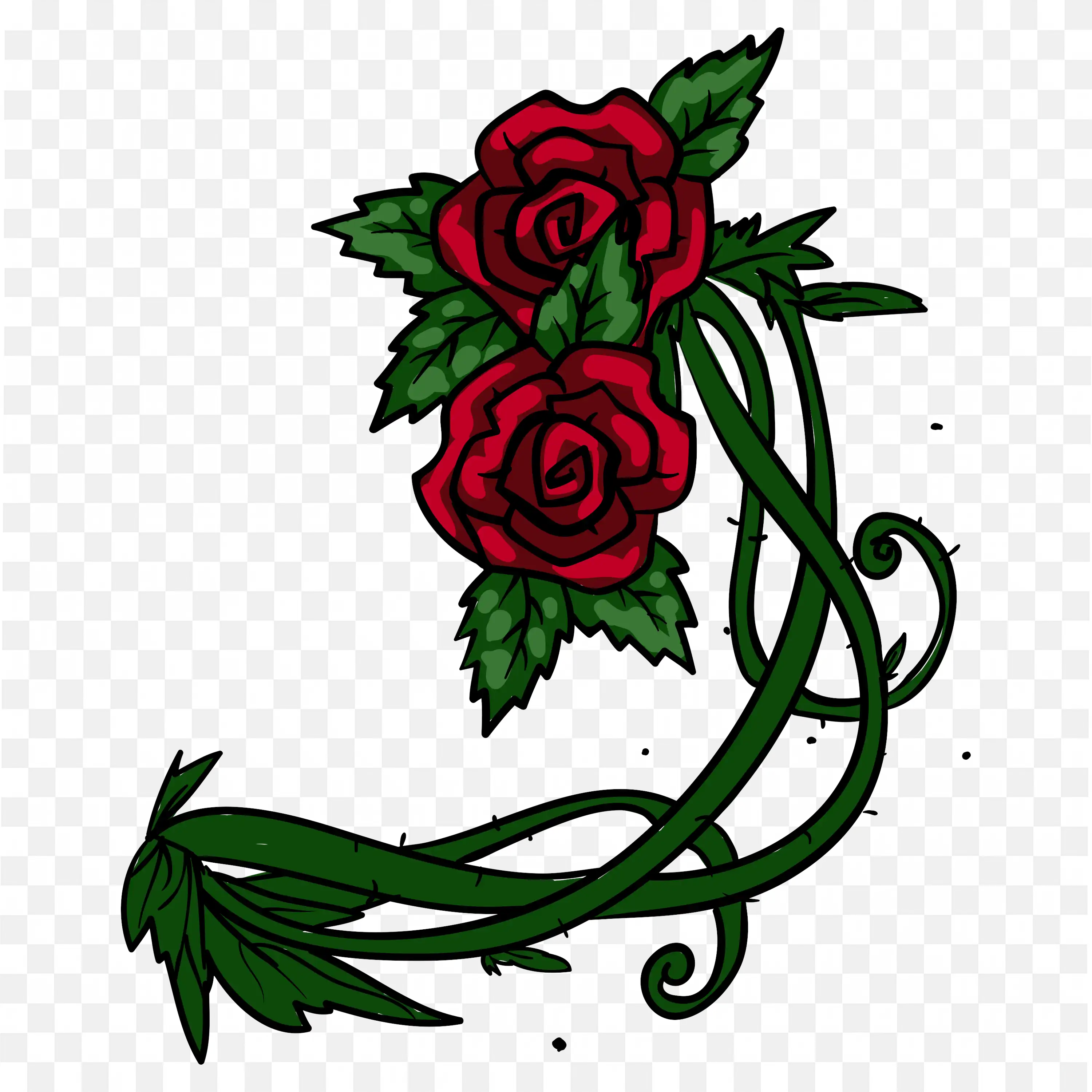 Artistic Red Roses with Green Thorny Stems PNG Download