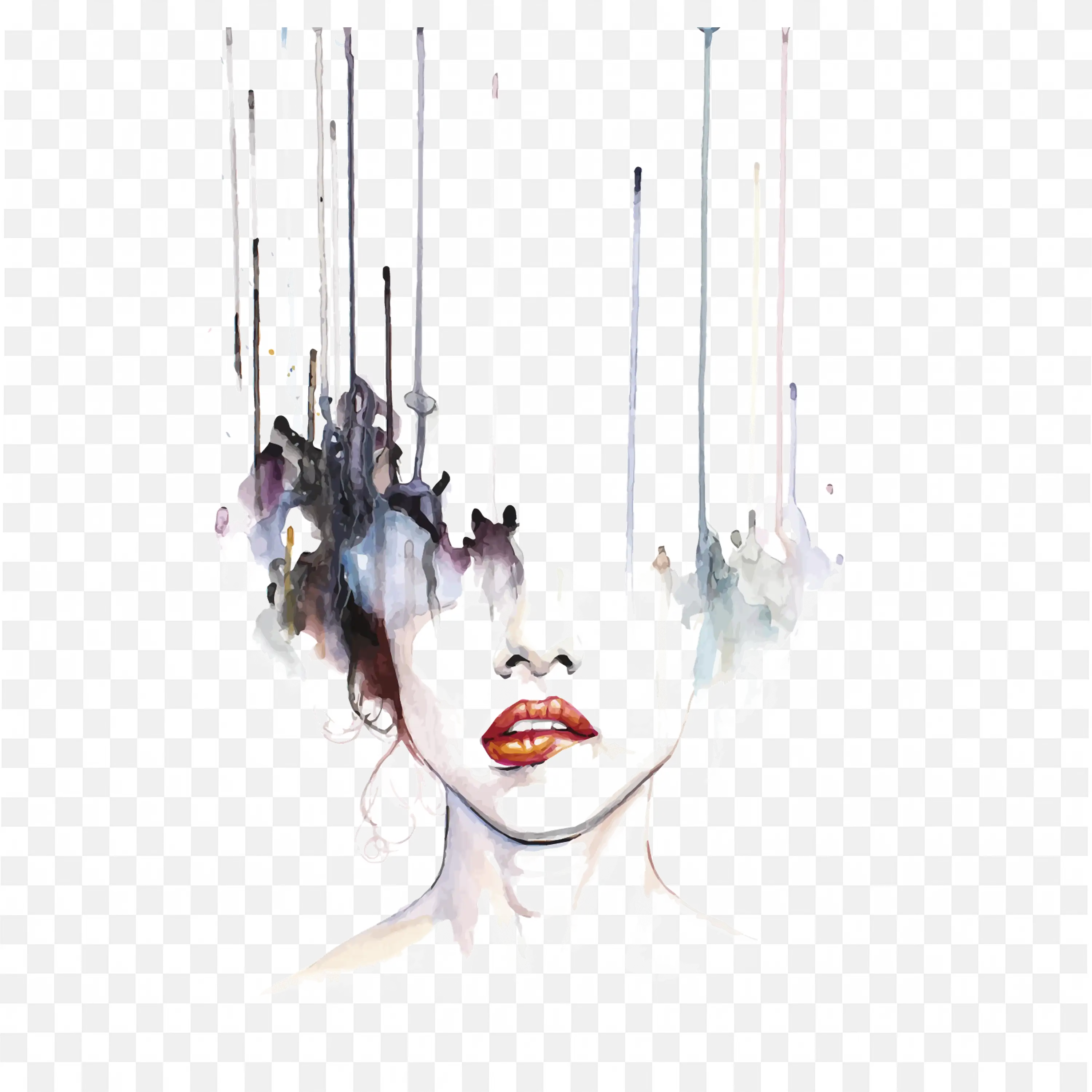 Artistic Watercolour Portrait of Woman with Drips PNG Image