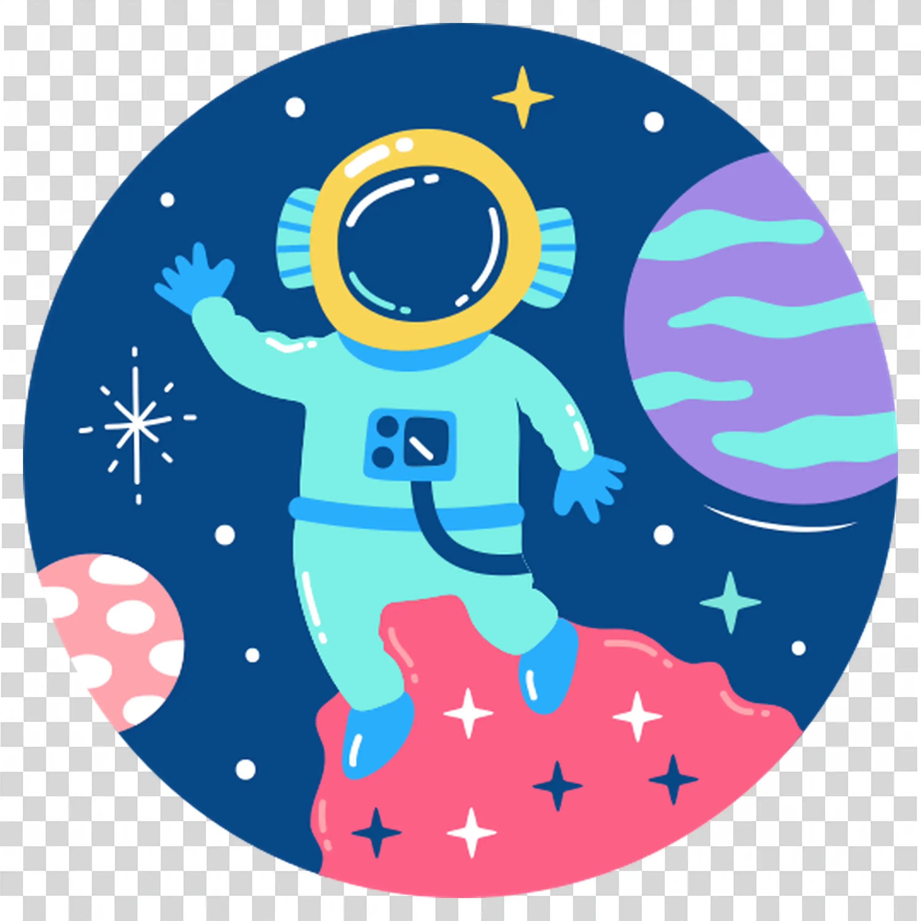 Astronaut floating in space with planets and stars around