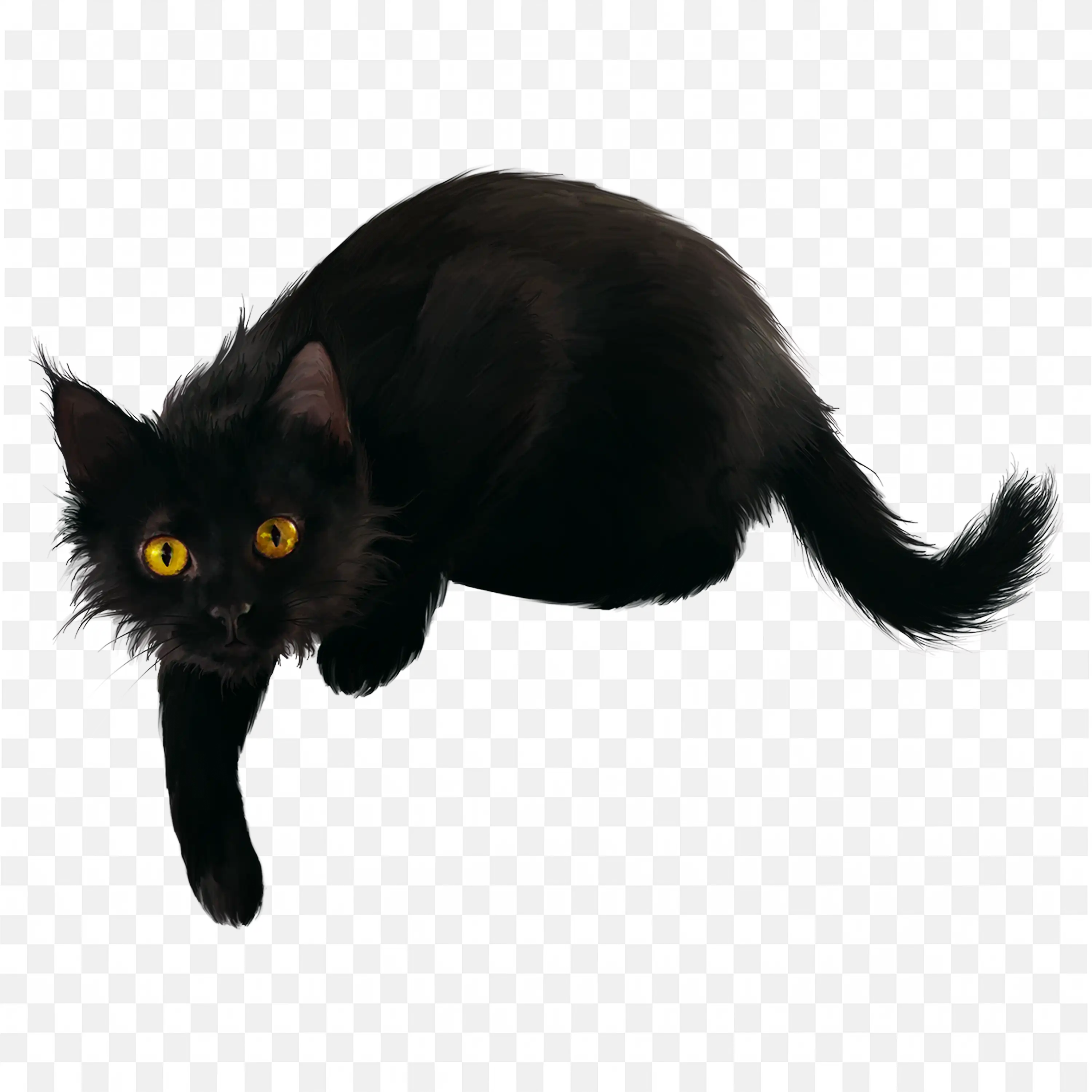 Black Cat Walking Forward with Glowing Yellow Eyes PNG Image