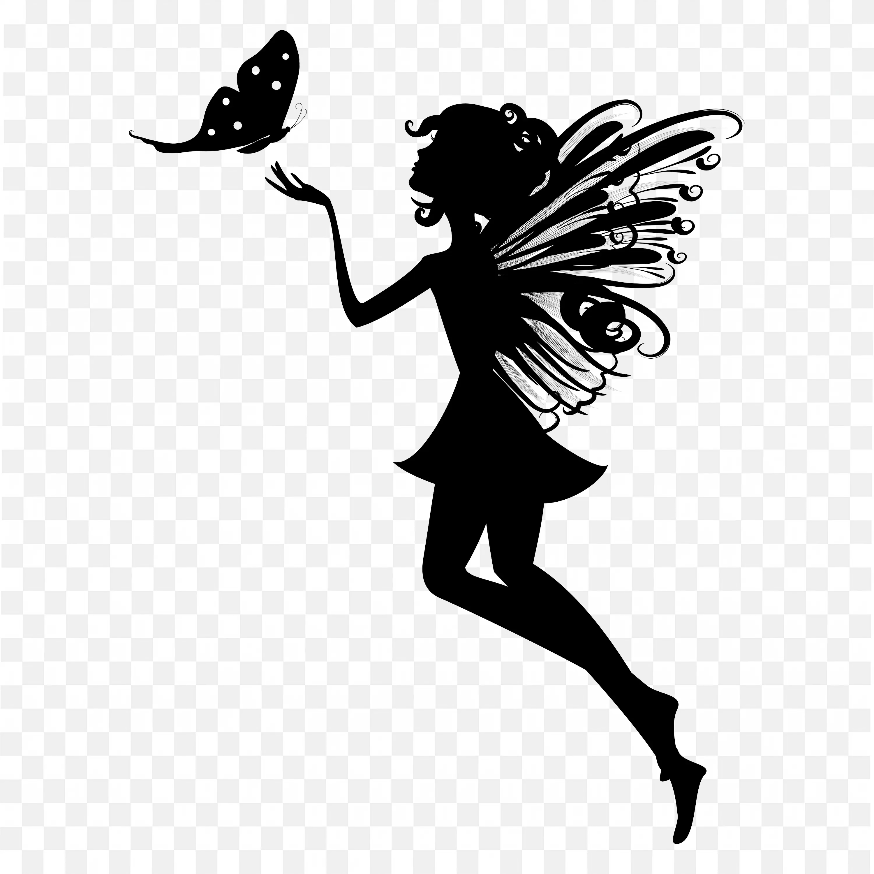 Black Outline of Fairy Girl Holding Butterfly in Hand PNG