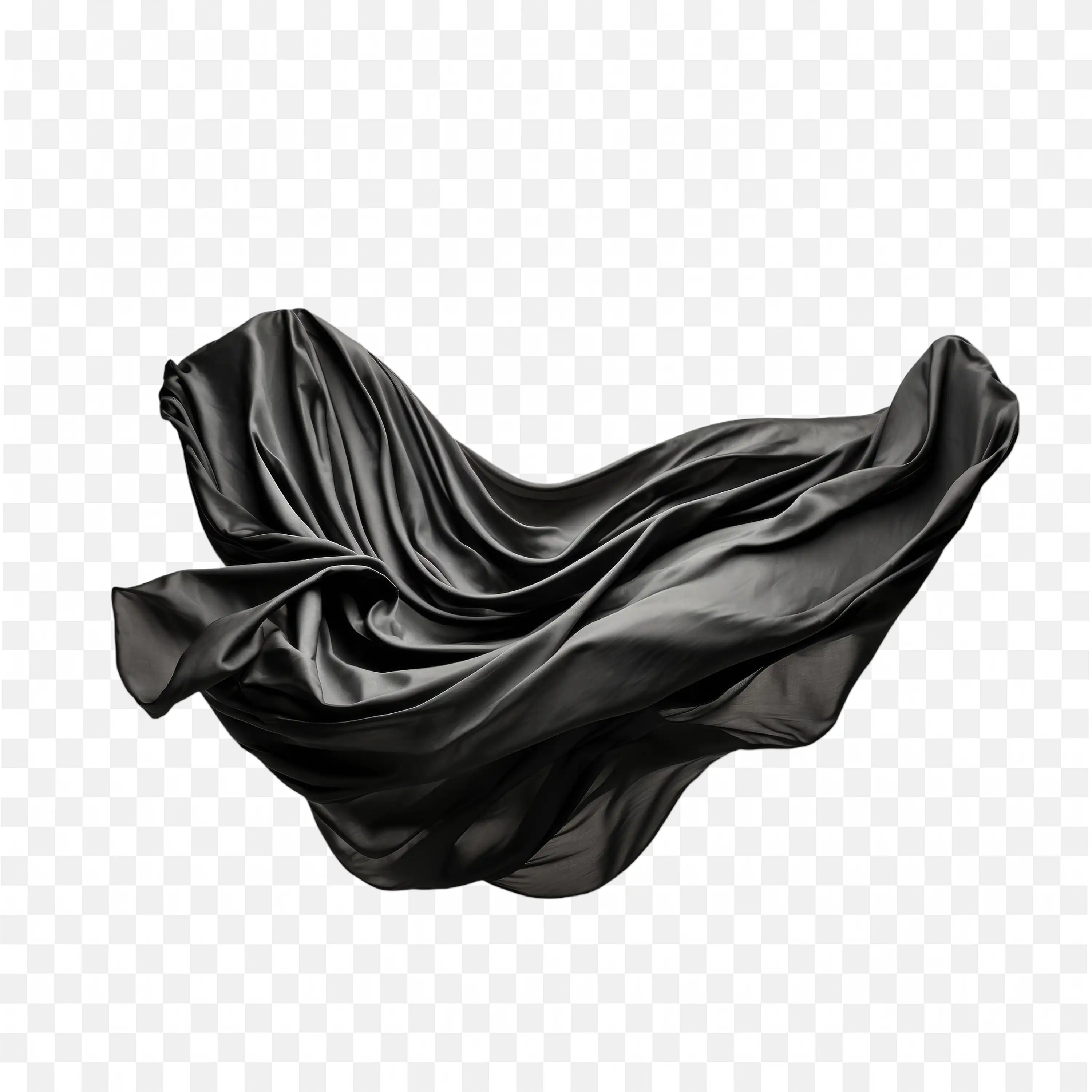 Black Satin Fabric Floating in the Air with Soft Folds