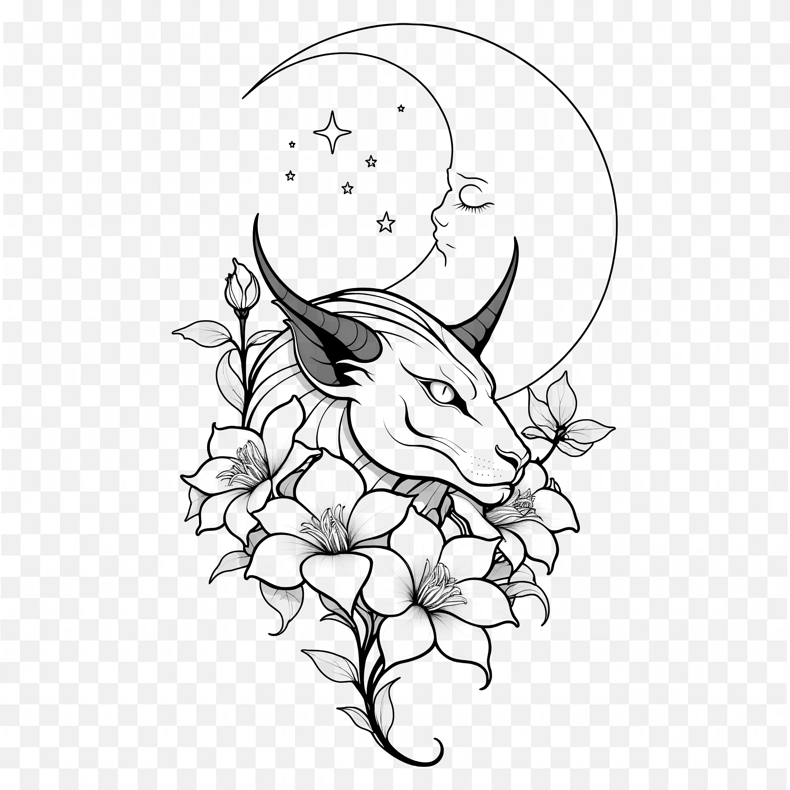 Black Sketch Dragon with Flowers Moon and Stars Free PNG