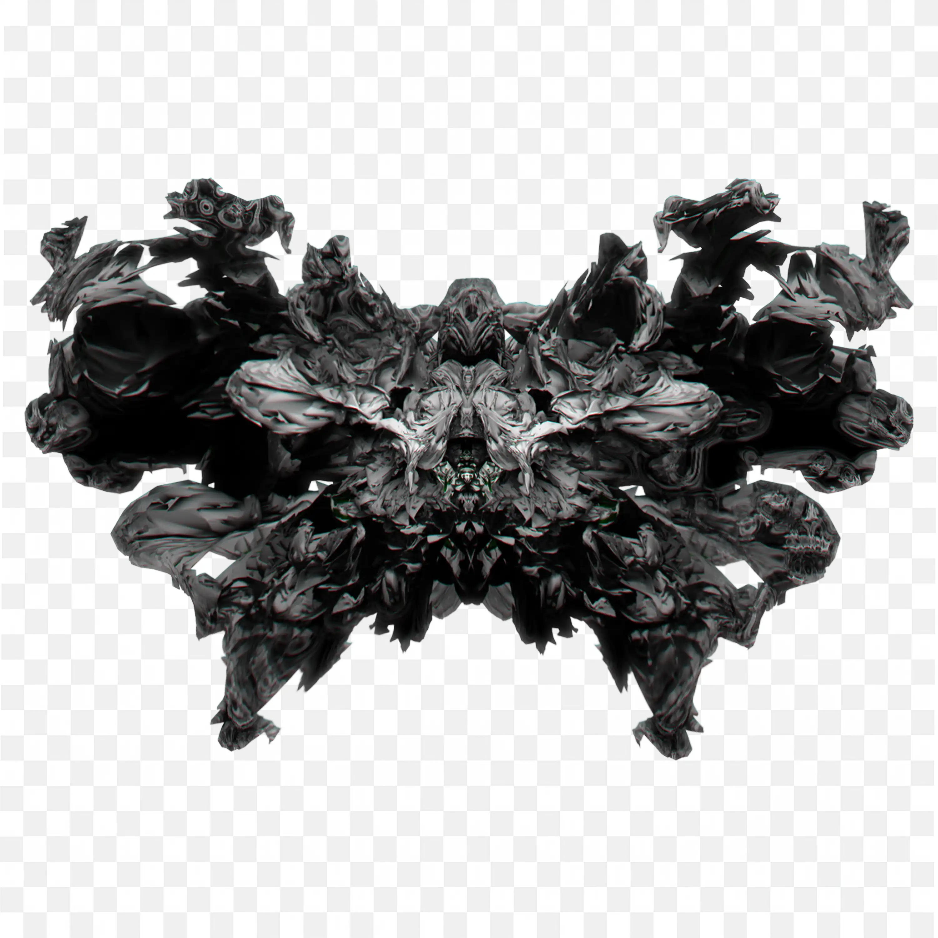 Black Symmetrical Inkblot with Abstract Wing Shapes PNG