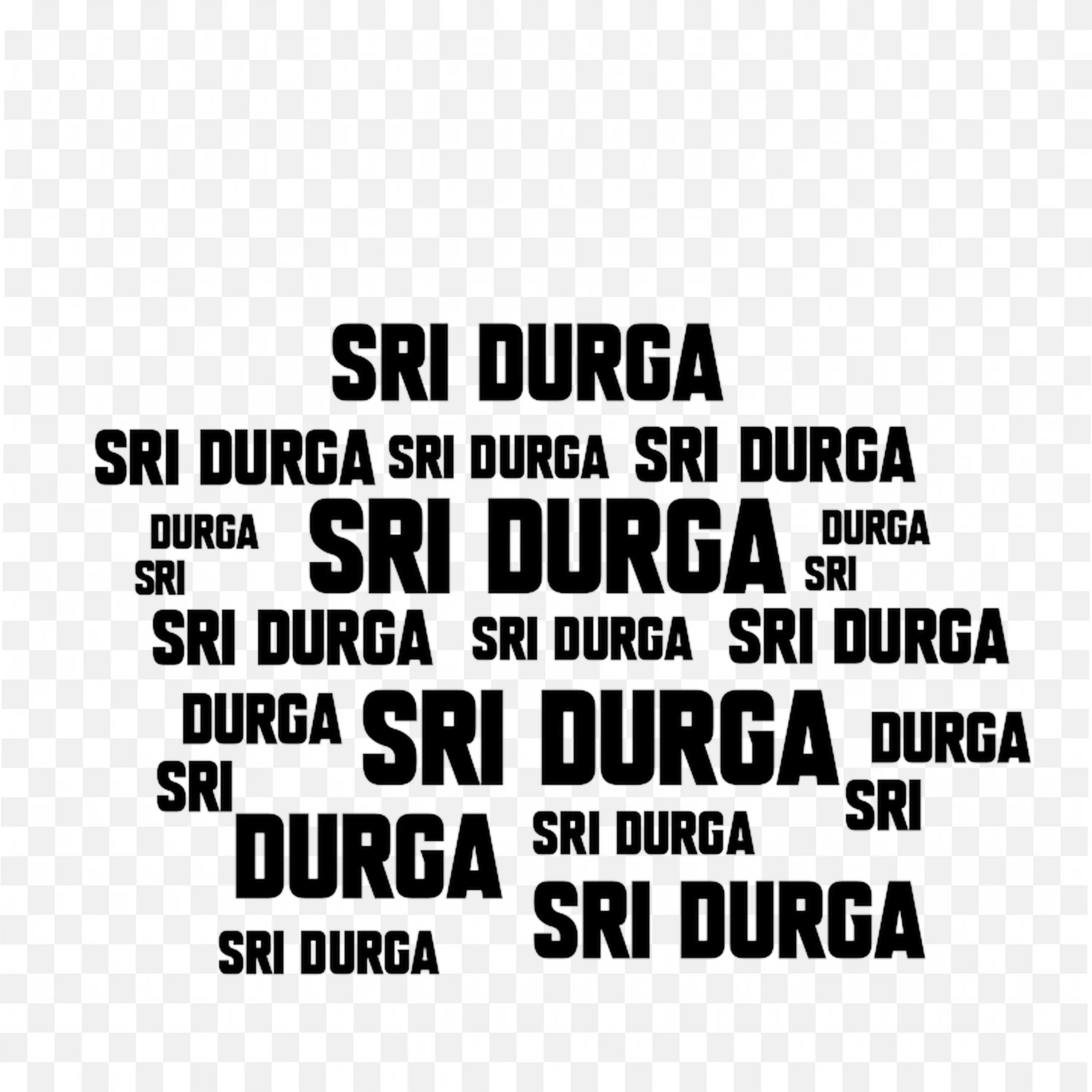 Black Text Repeating Sri Durga in Different Fonts and Sizes