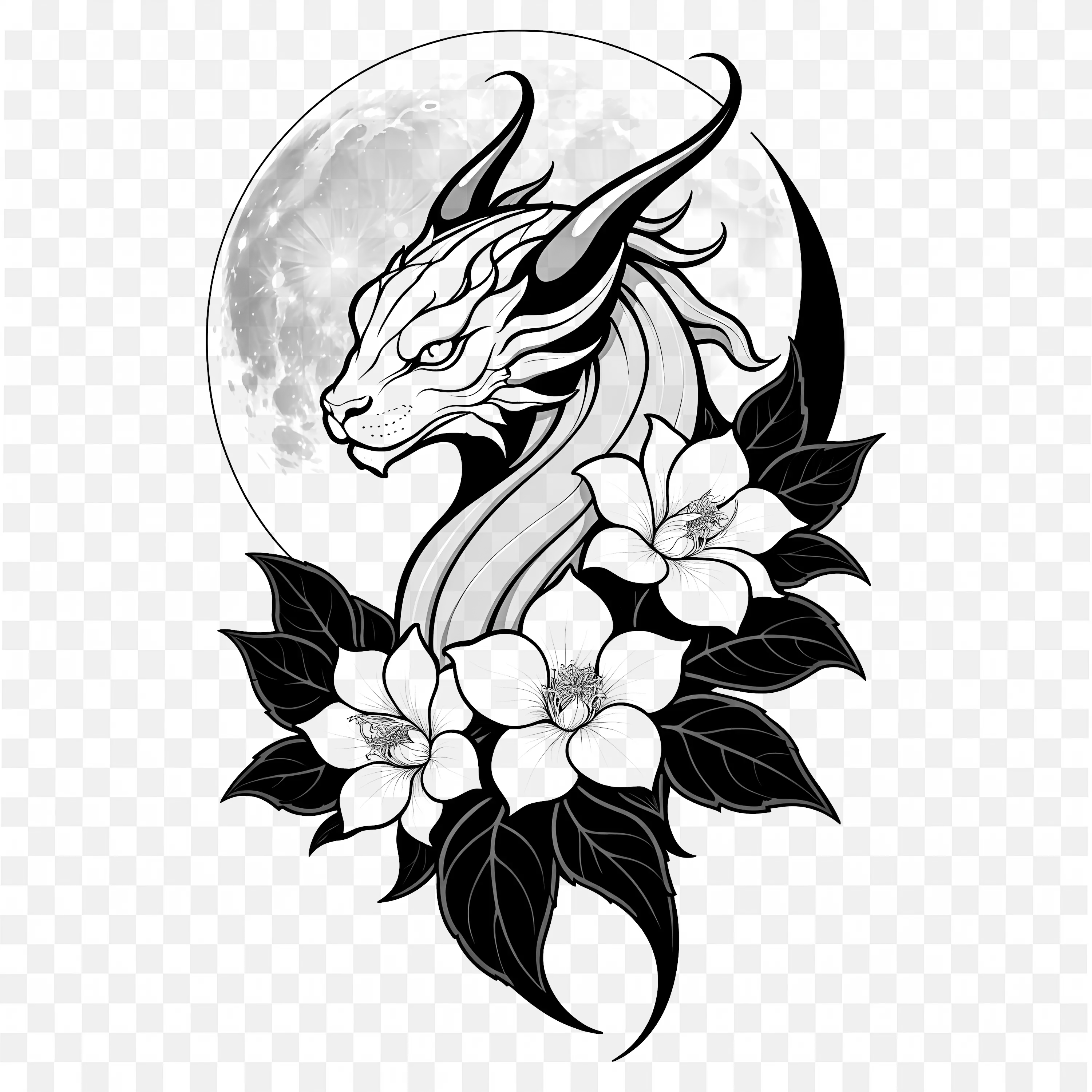 Black and White Dragon with Flowers and Moonlight PNG