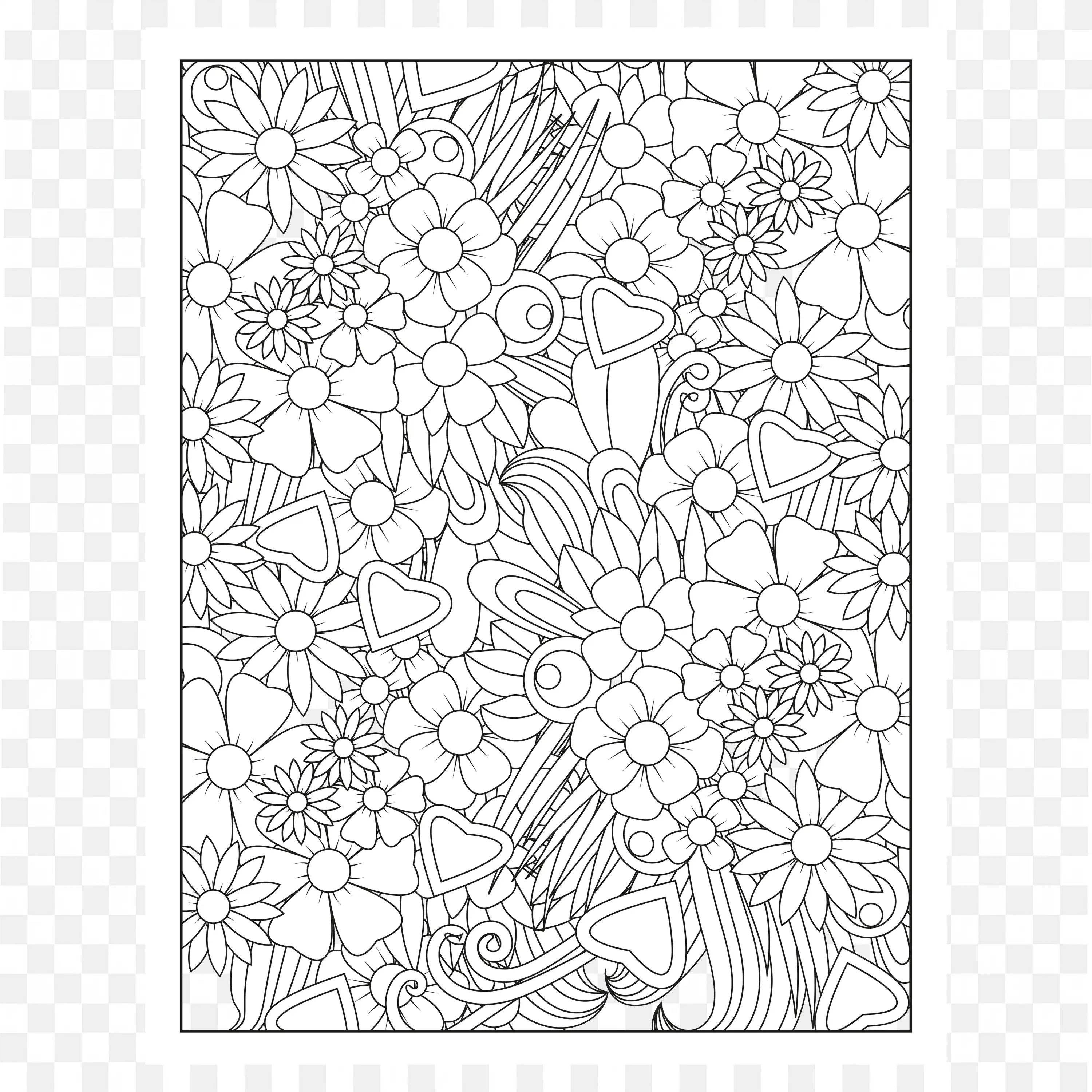 Black and White Floral Doodle with Hearts and Leaves Art