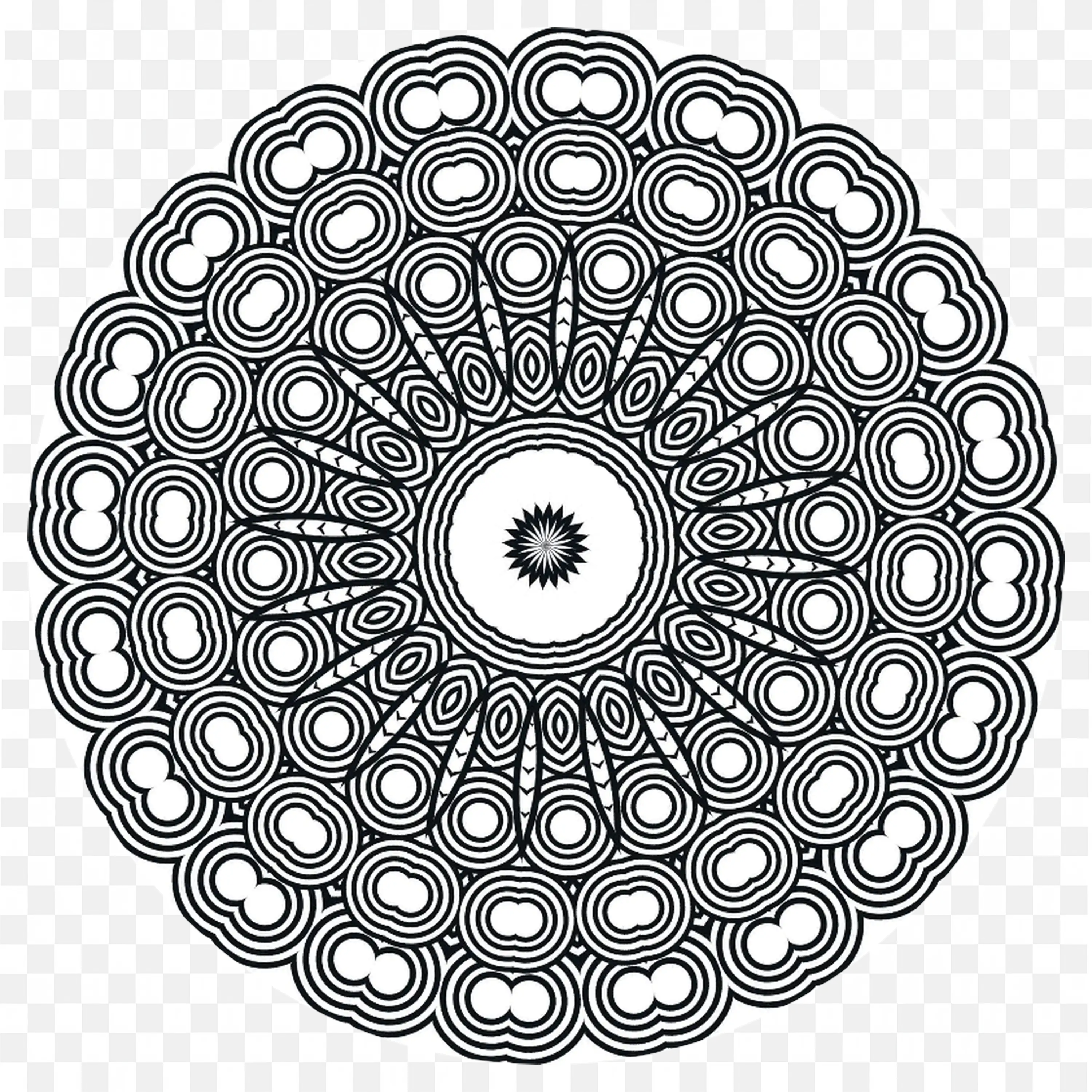 Black and White Mandala with Concentric Circle Design PNG