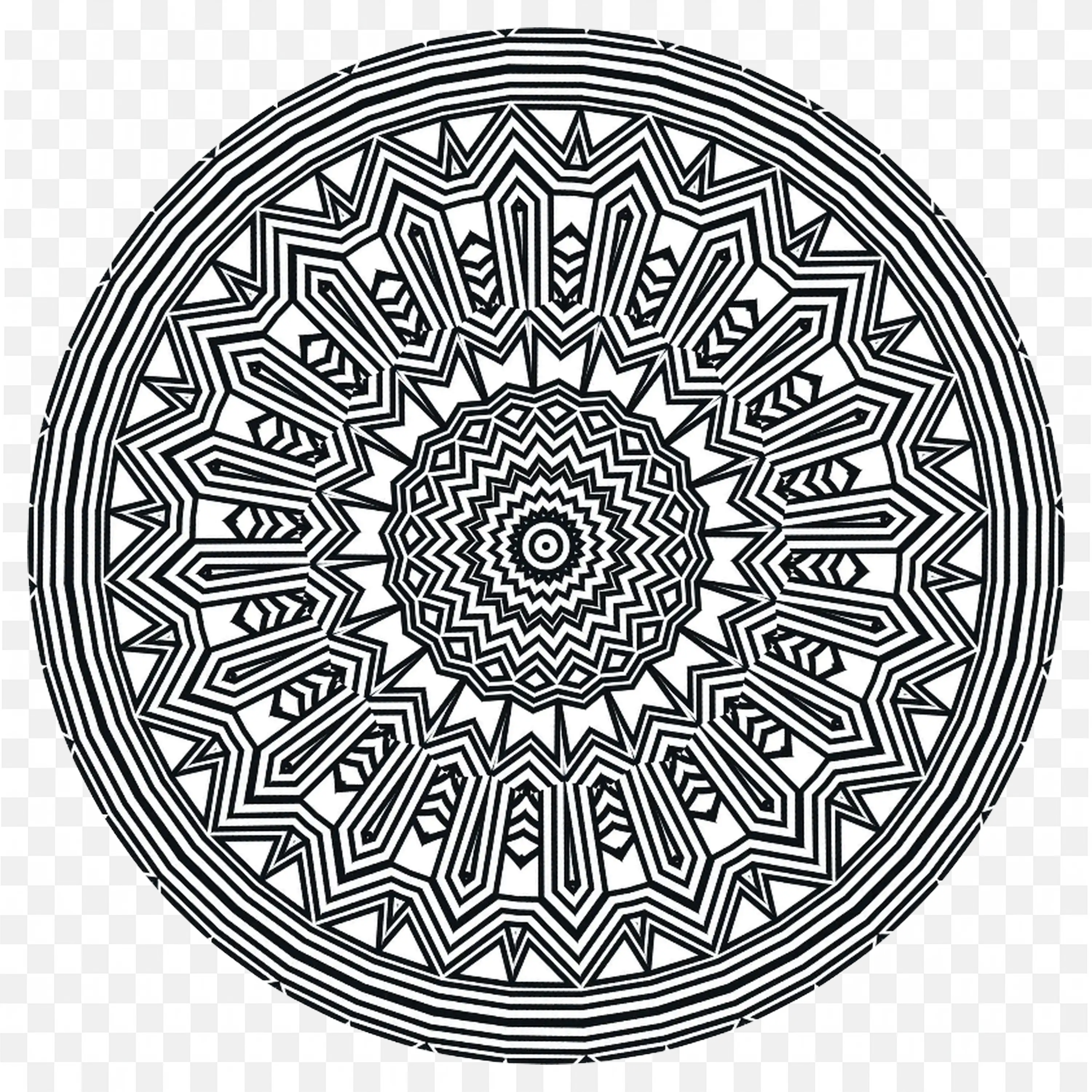 Black and White Mandala with Detailed Radial Line Design