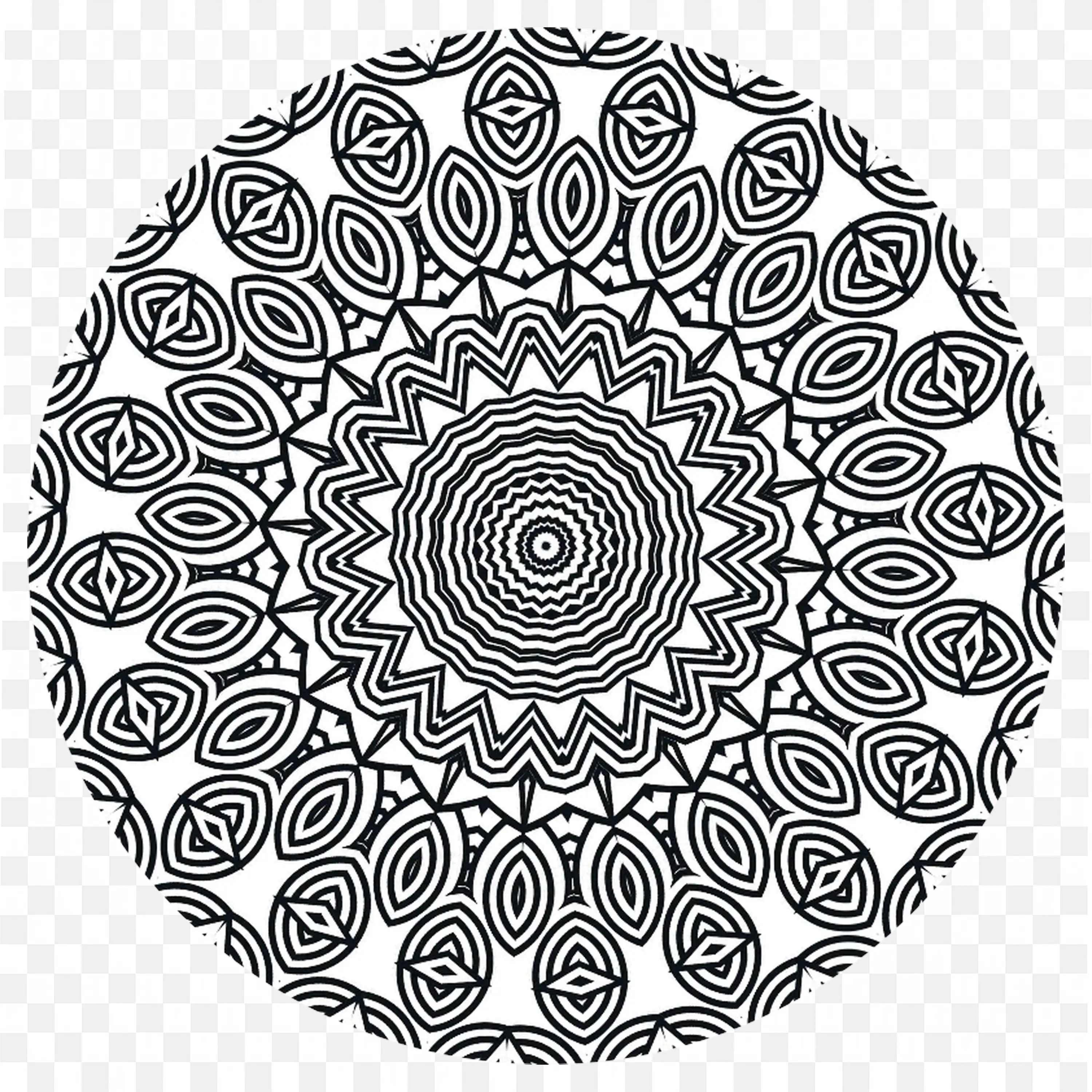 Black and White Mandala with Swirling Petal Design PNG Image