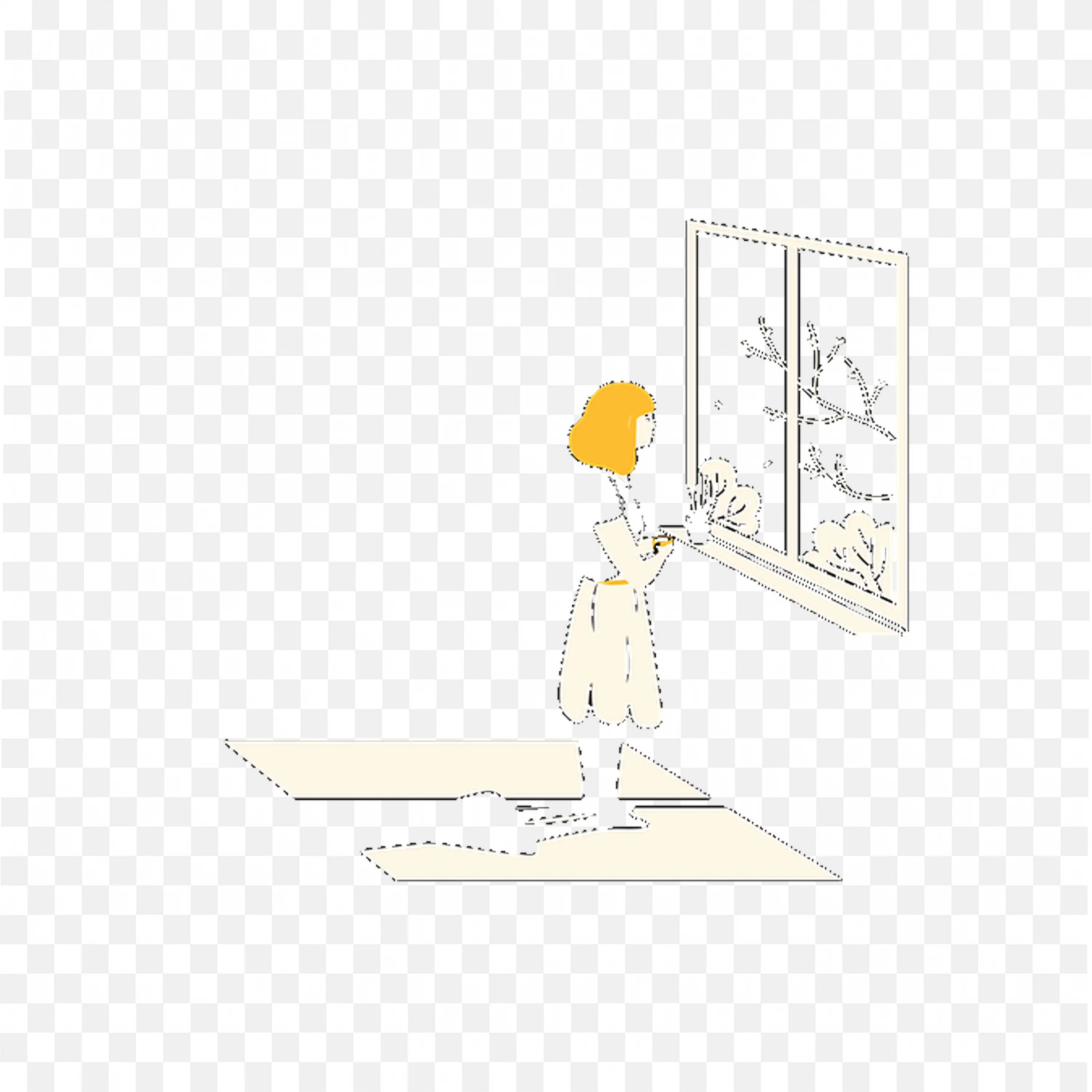 Black and White of a Girl Standing By Window with Plants PNG