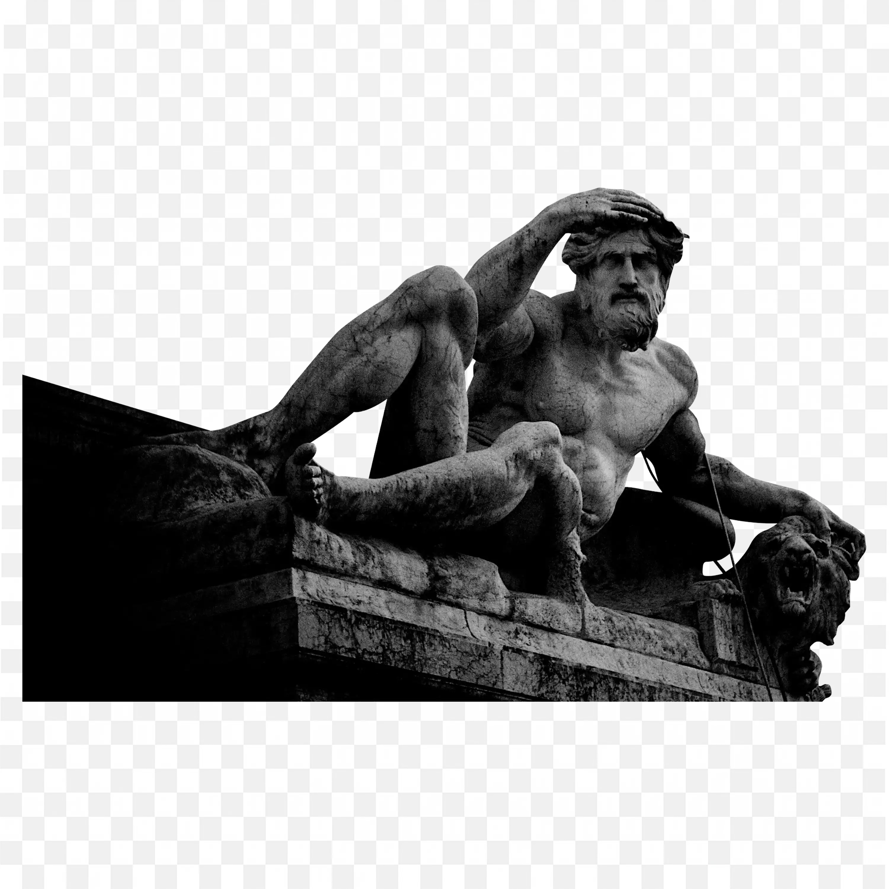 Black and White Statue of Muscular Man Resting and Looking
