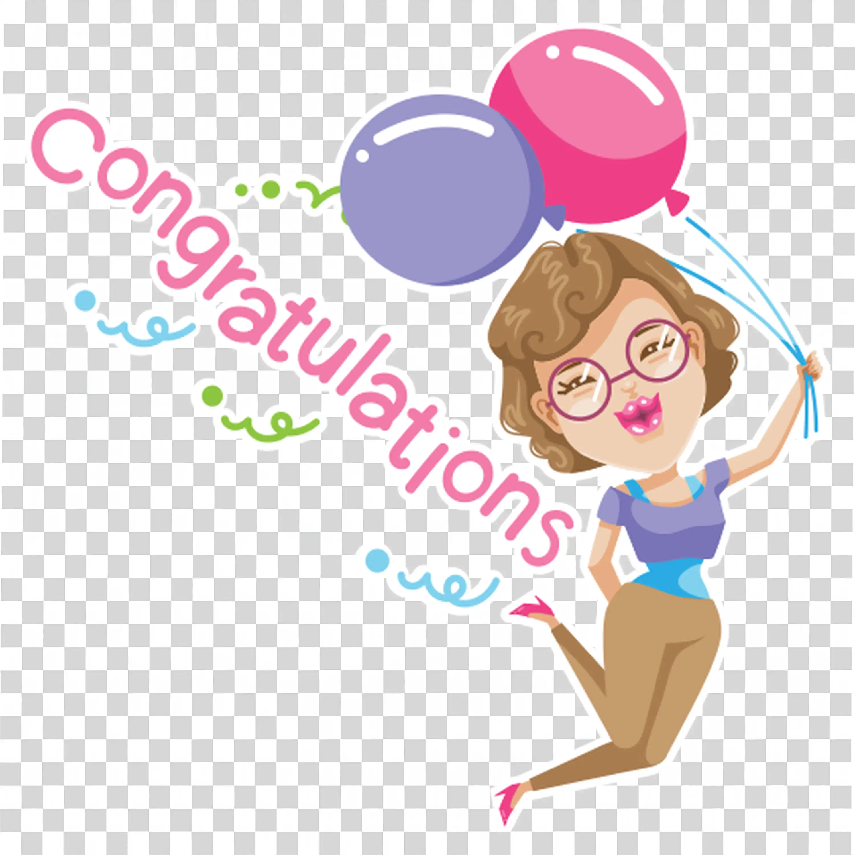 Blonde woman jumping with joy holding pink congratulations