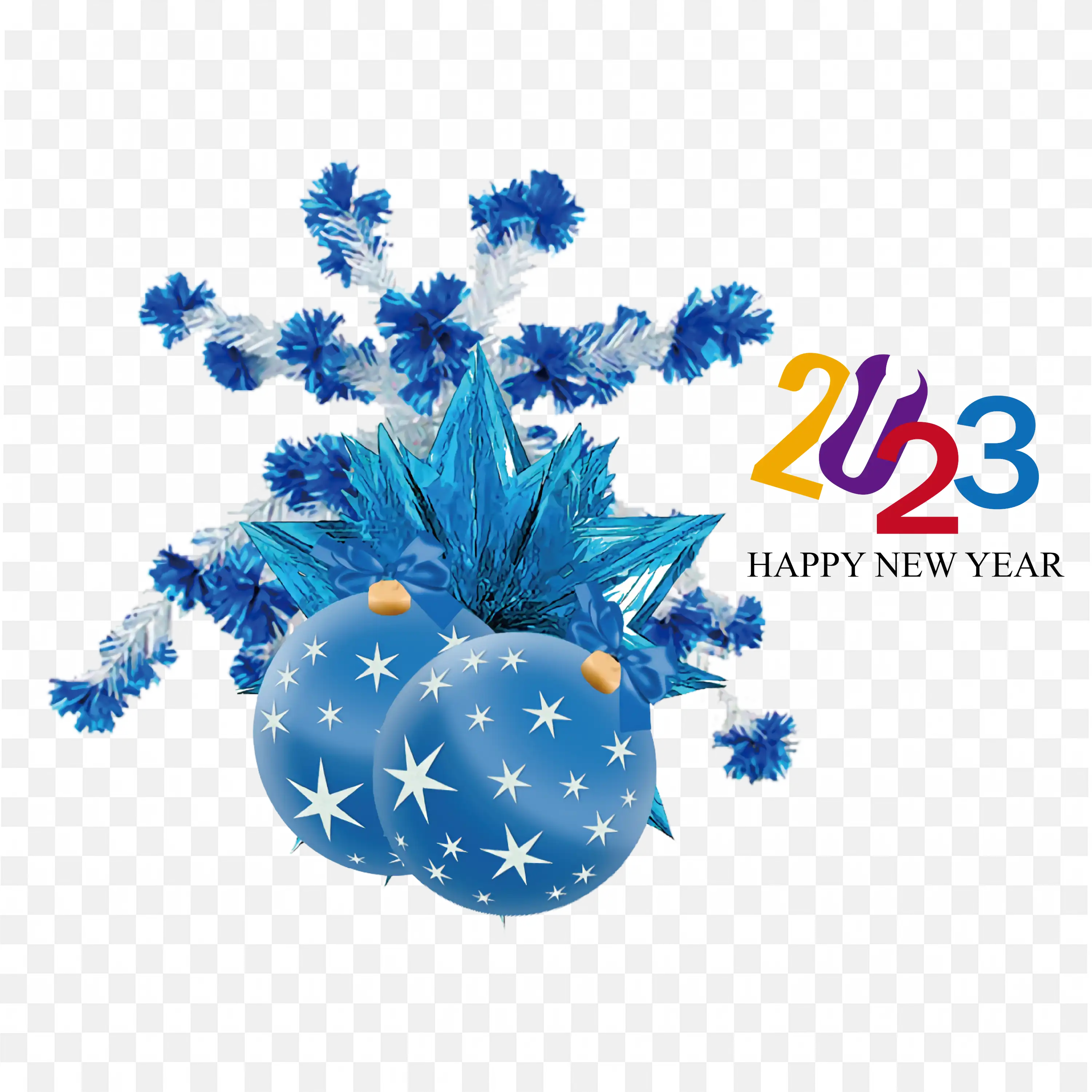 Blue Christmas Decorations with New Year Greeting PNG