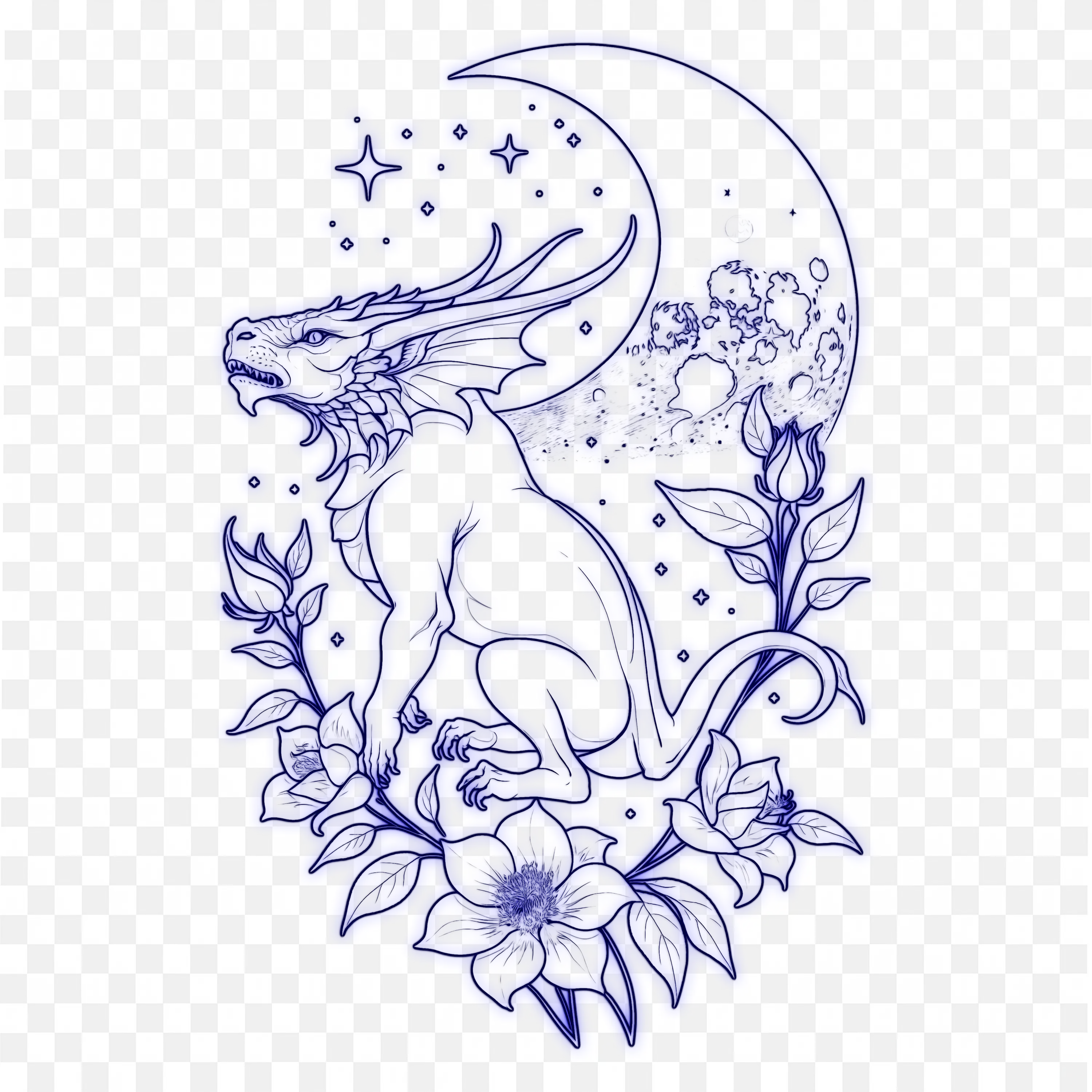 Blue Dragon Floral Art with Moon and Stars Fantasy Design