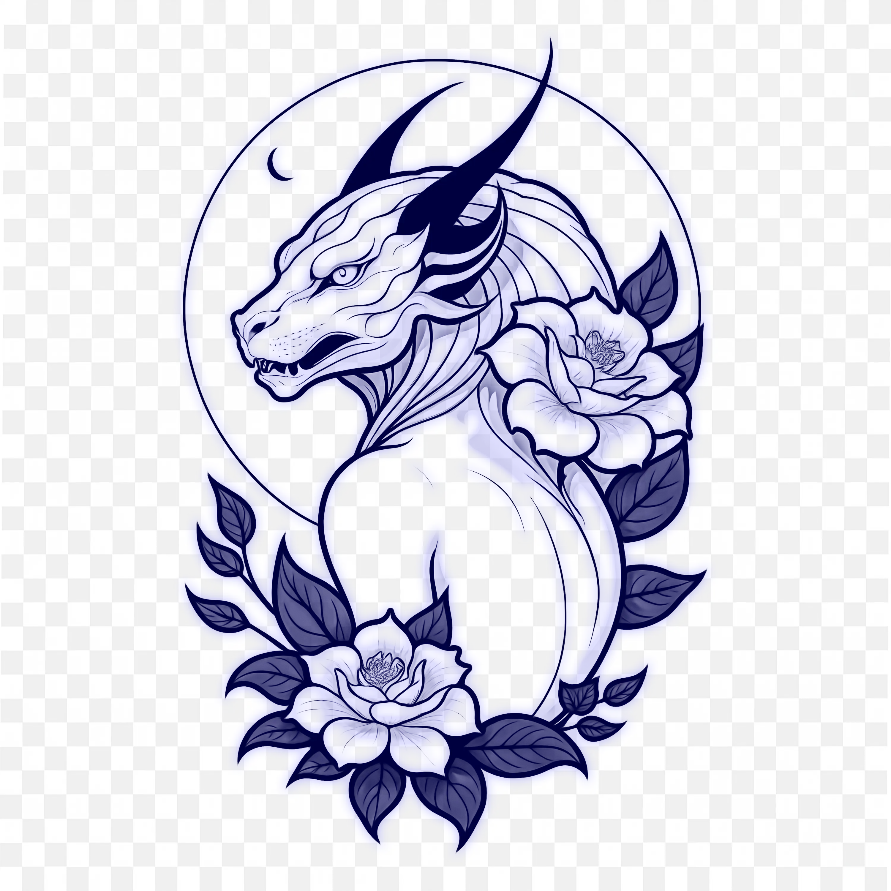 Blue Dragon Art with Flowers in Circular Decorative Frame