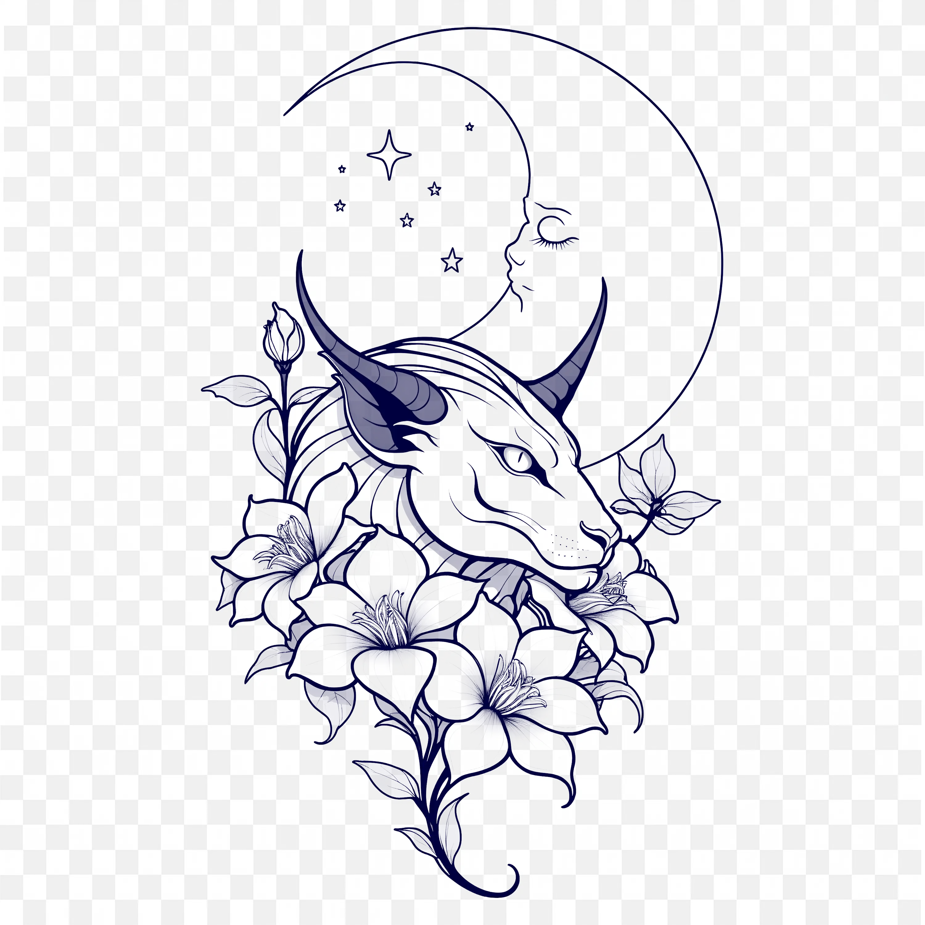 Blue Dragon Head with Flowers and Crescent Moon Free PNG