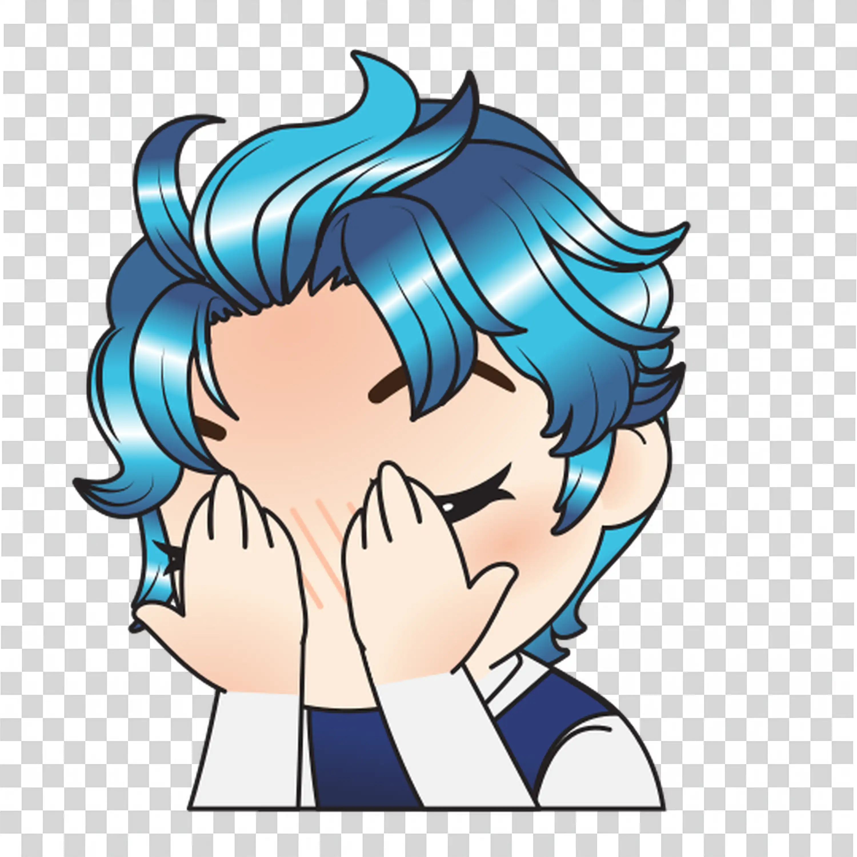 Blue haired boy feeling sad and covering face in stress