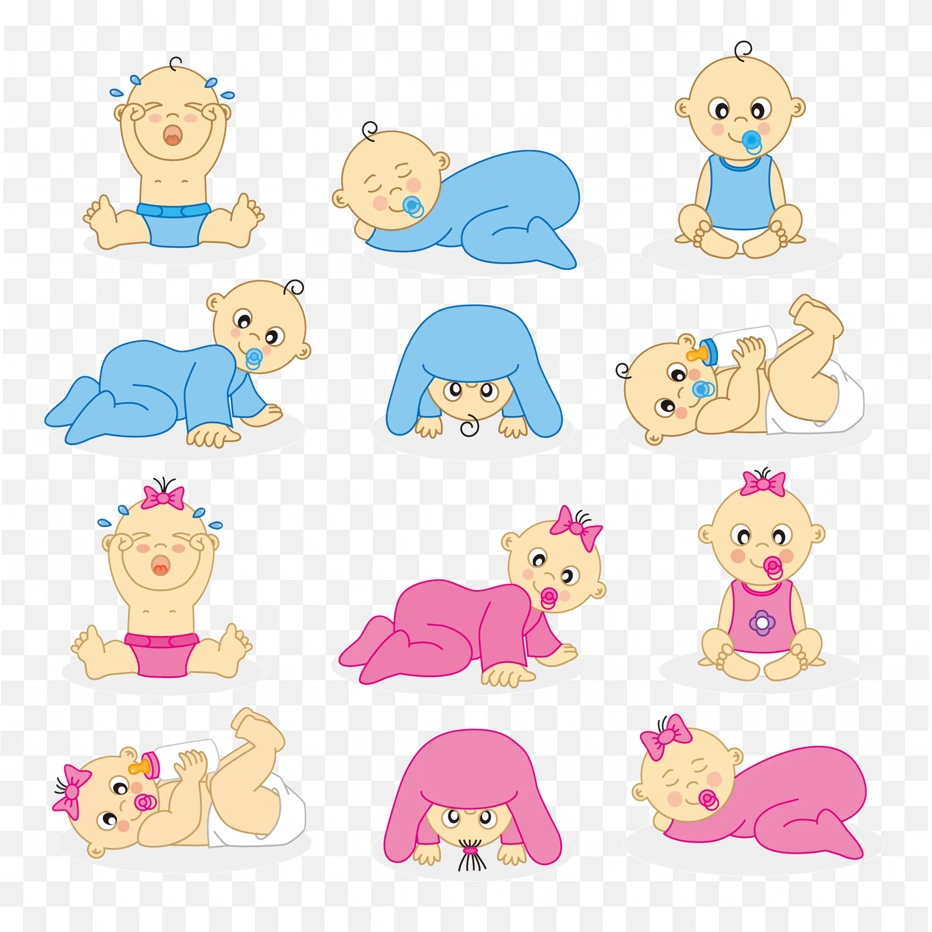Blue and Pink Baby Characters in Various Poses in Clip Art