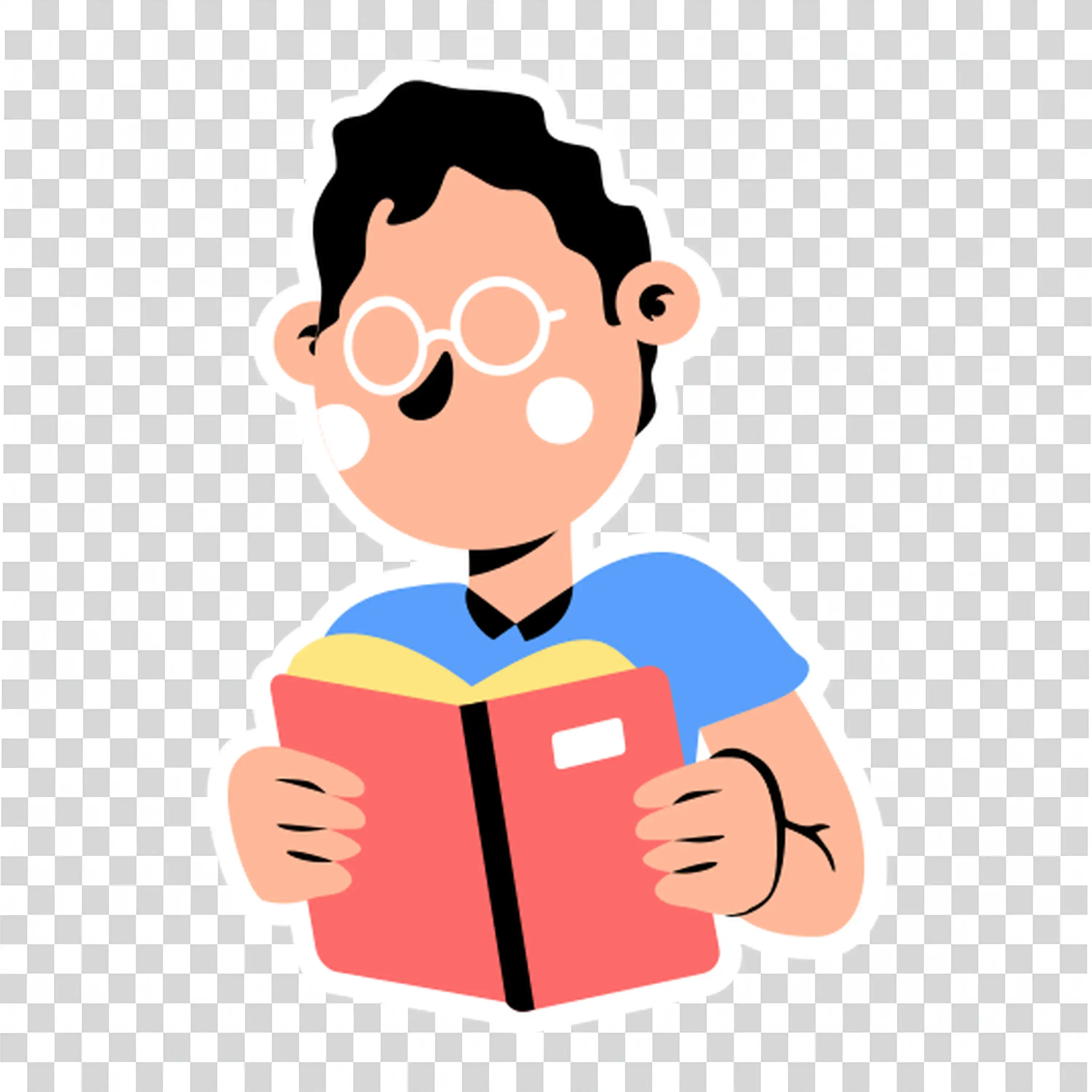 Boy holding a red book and reading with focus free PNG