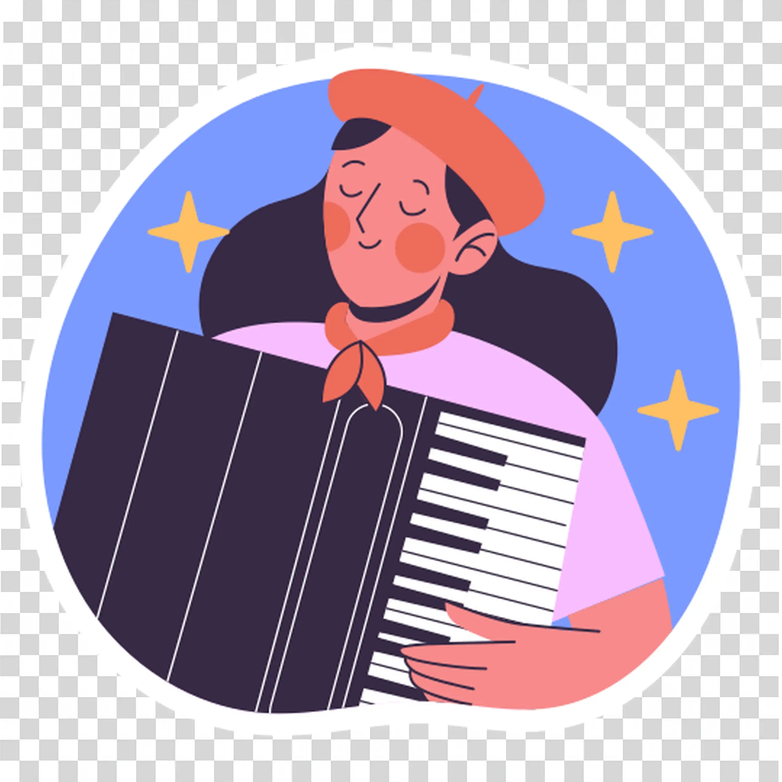 Boy playing accordion under starry night sky with music