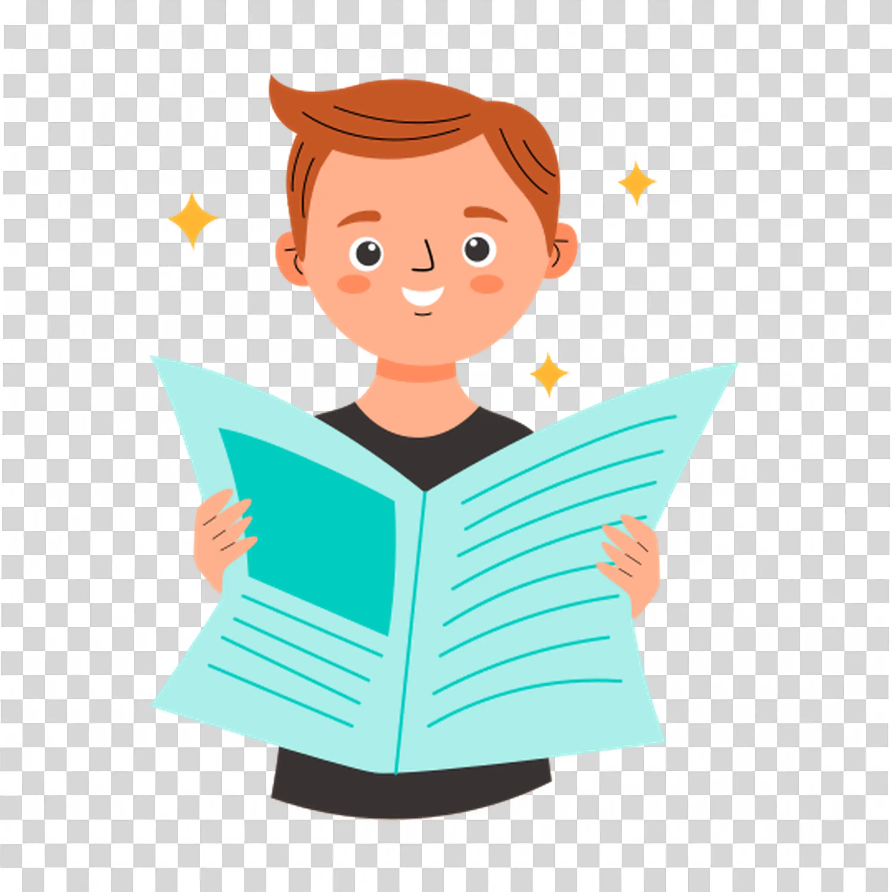 Boy reading a book with happy smile and focused eyes