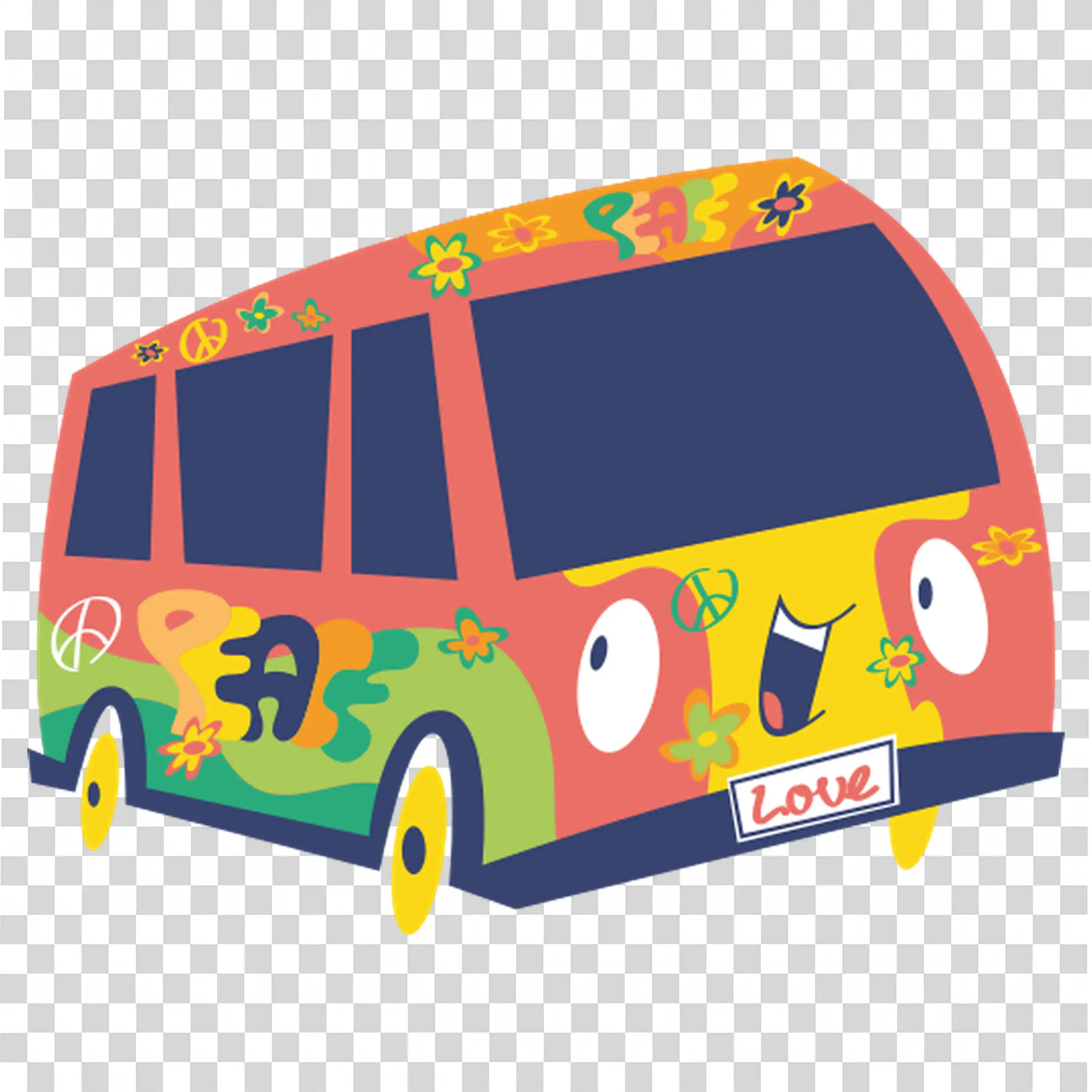 Bright colorful bus traveling through cartoon landscape