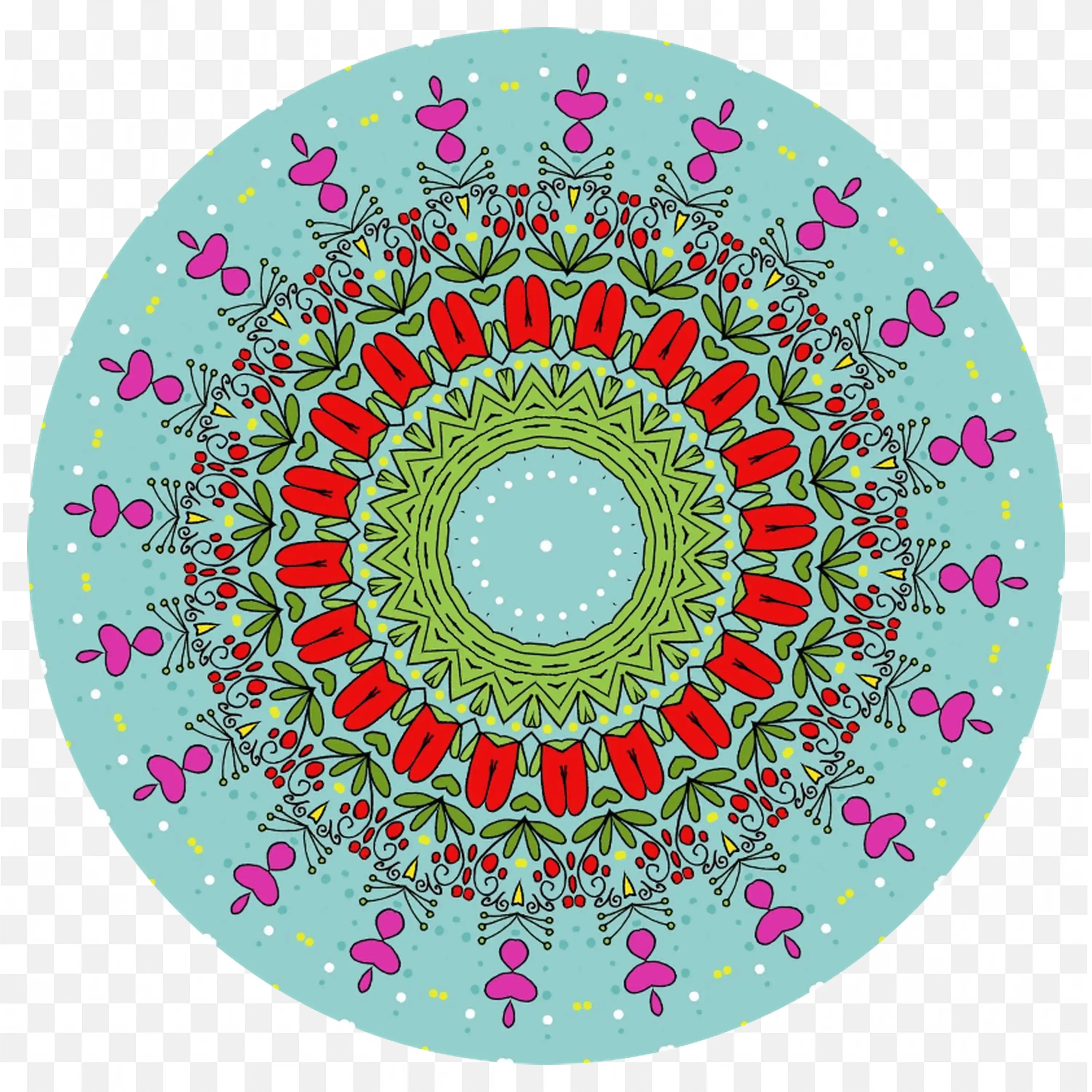 Bright Mandala with Red Tulips and Playful Details PNG Image