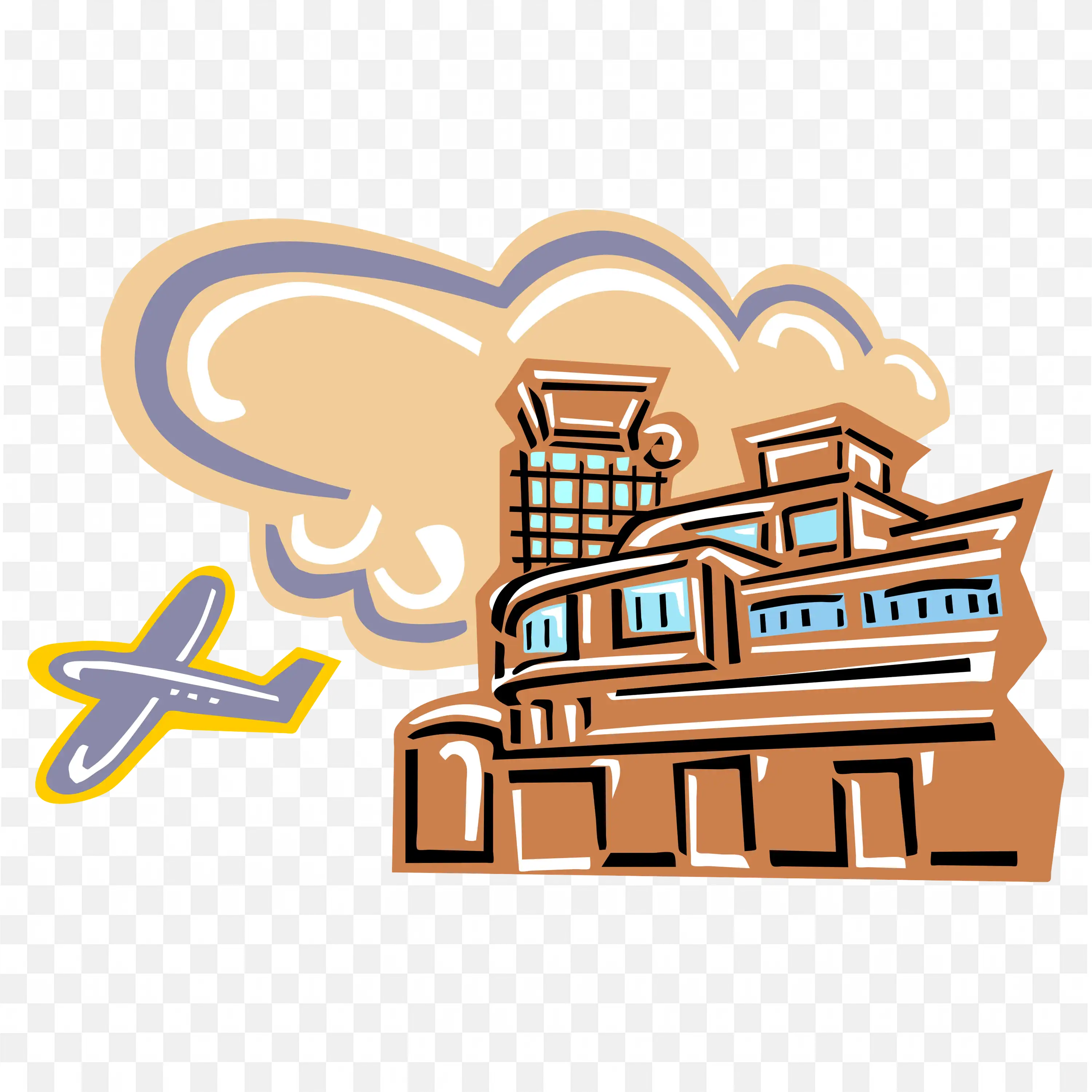 Cartoon Airport Terminal with Plane Flying in Cloudy Sky PNG