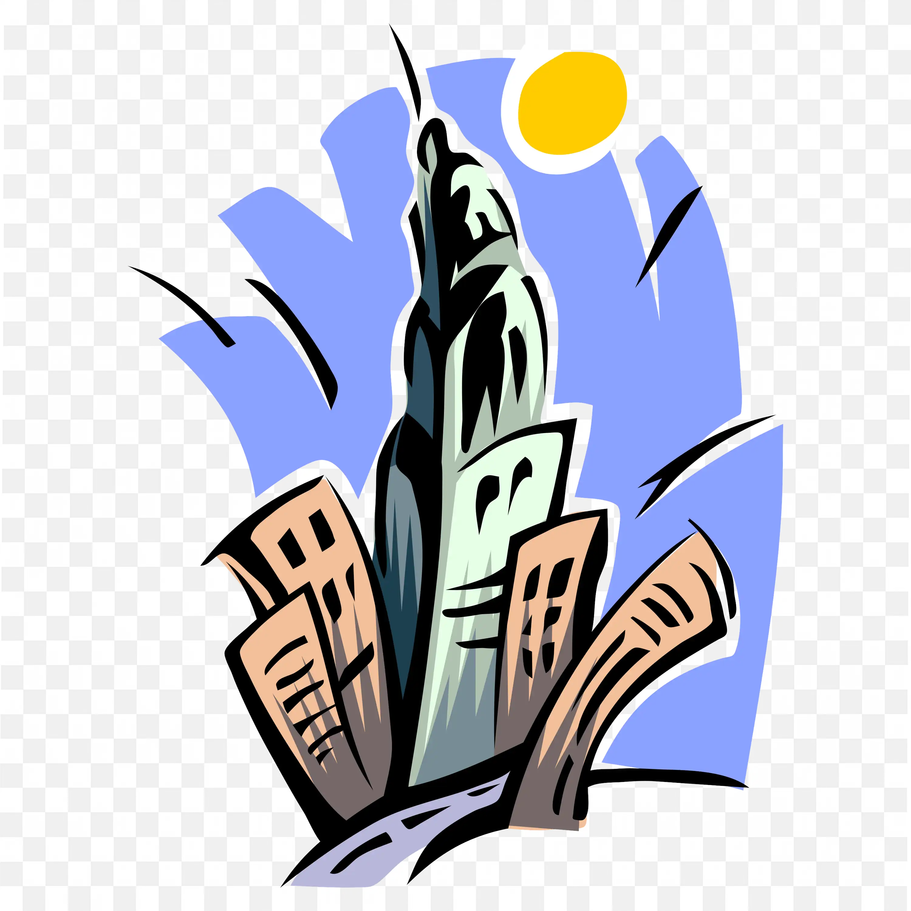 Cartoon City Skyscraper with Sun and Blue Sky Clip Art PNG