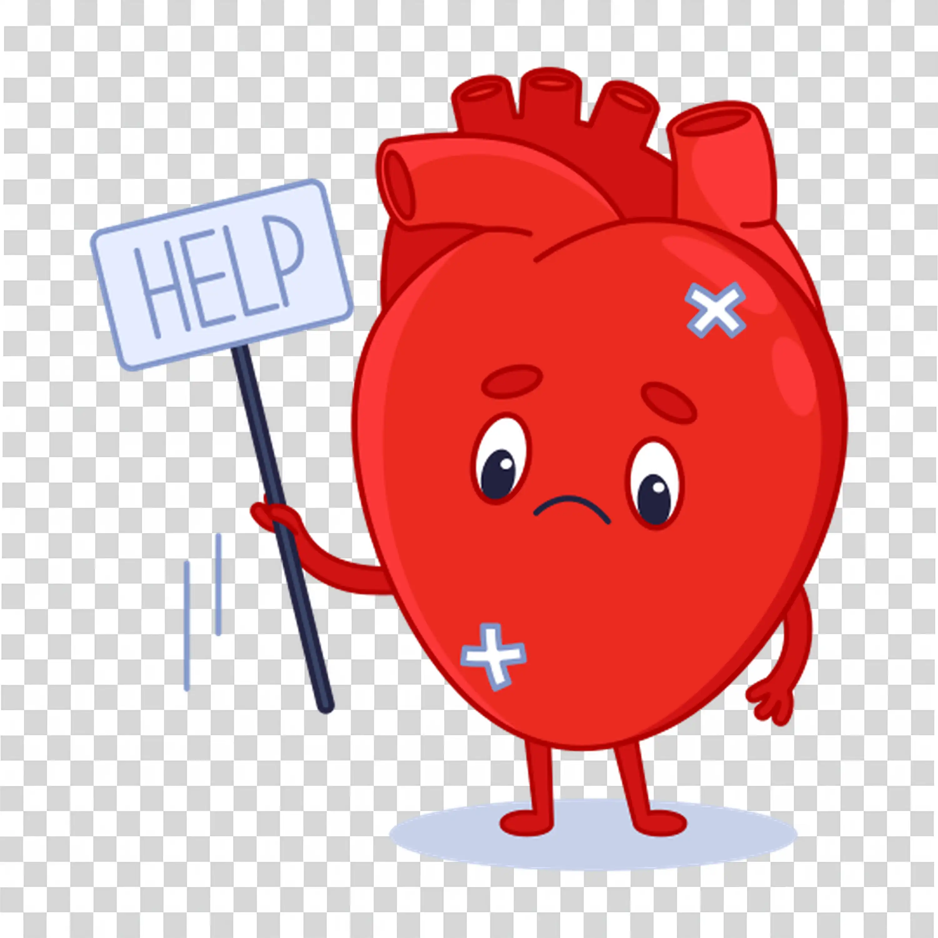 Cartoon heart character holding a help me sign free PNG