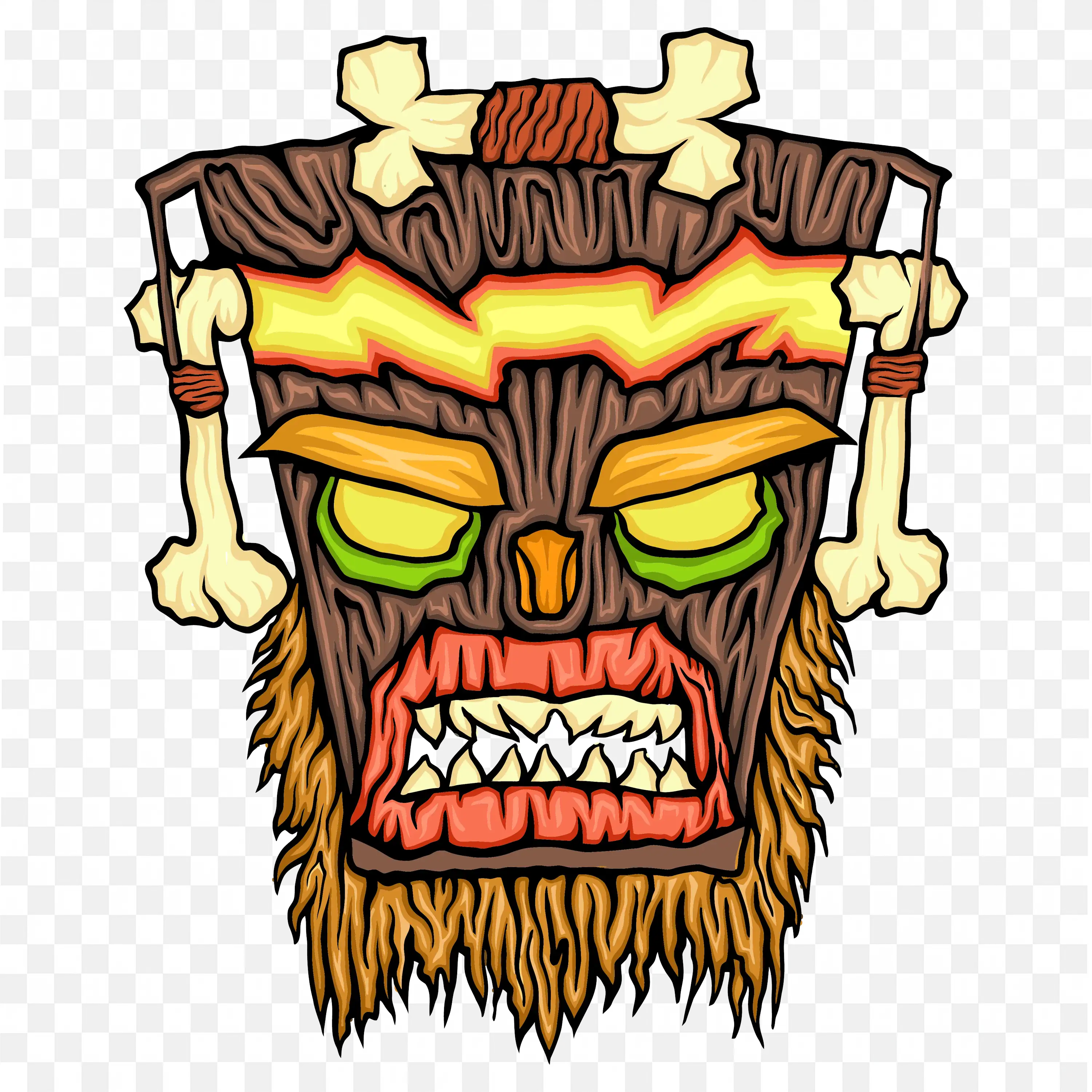 Cartoon Tribal Mask with Aggressive Expression and Bones