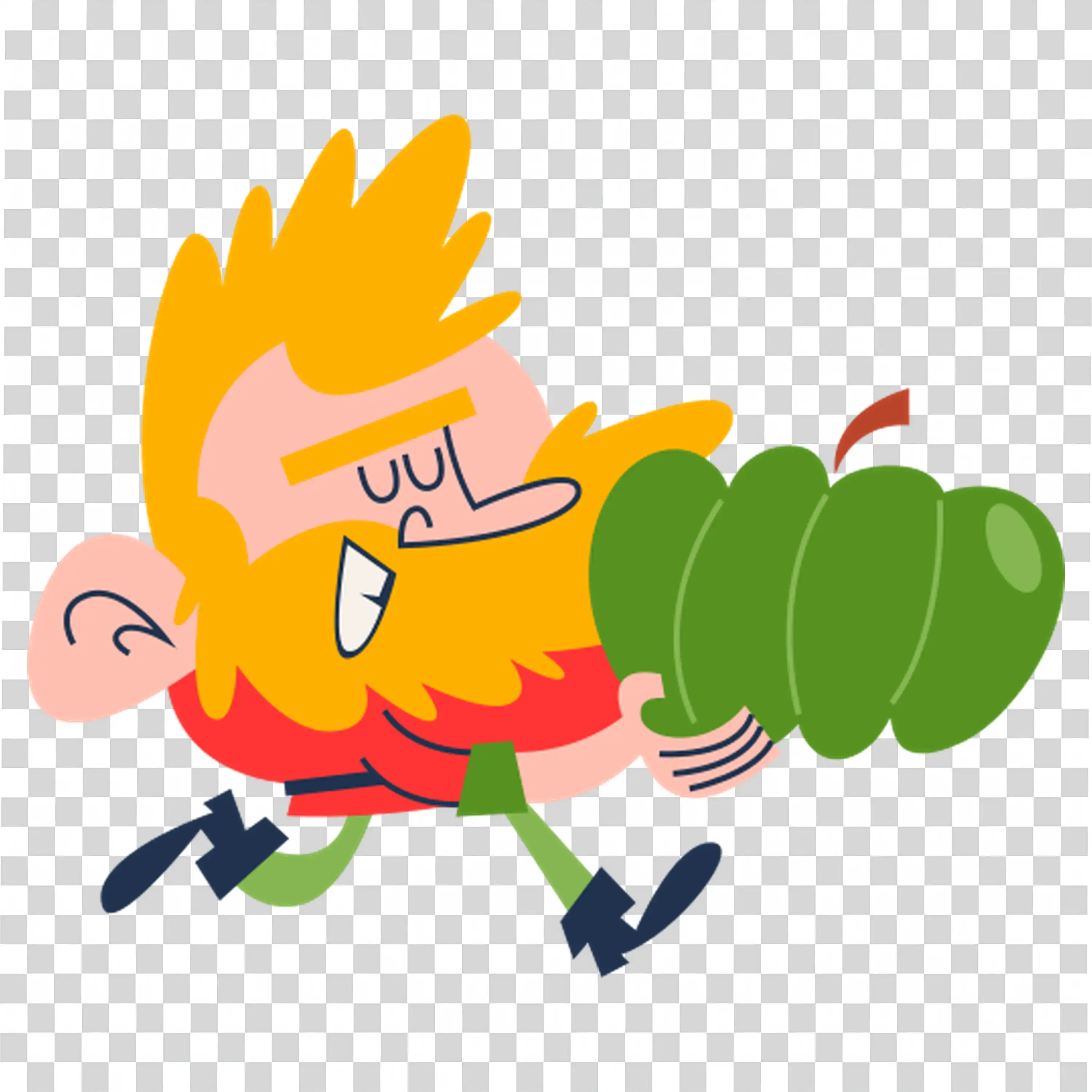 Character holding green weights dressed for an energetic