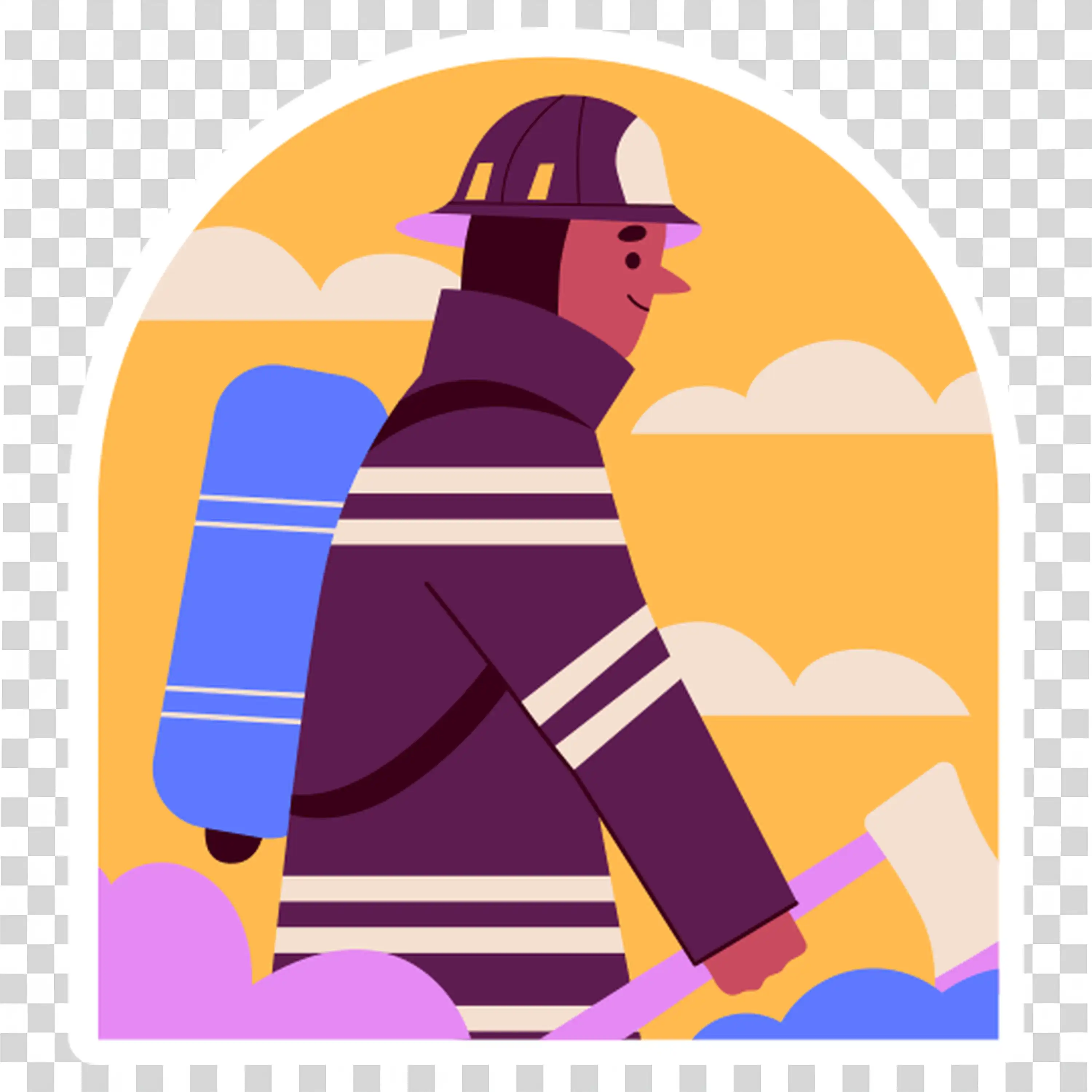 Character in a hiking pose with a backpack in the mountains