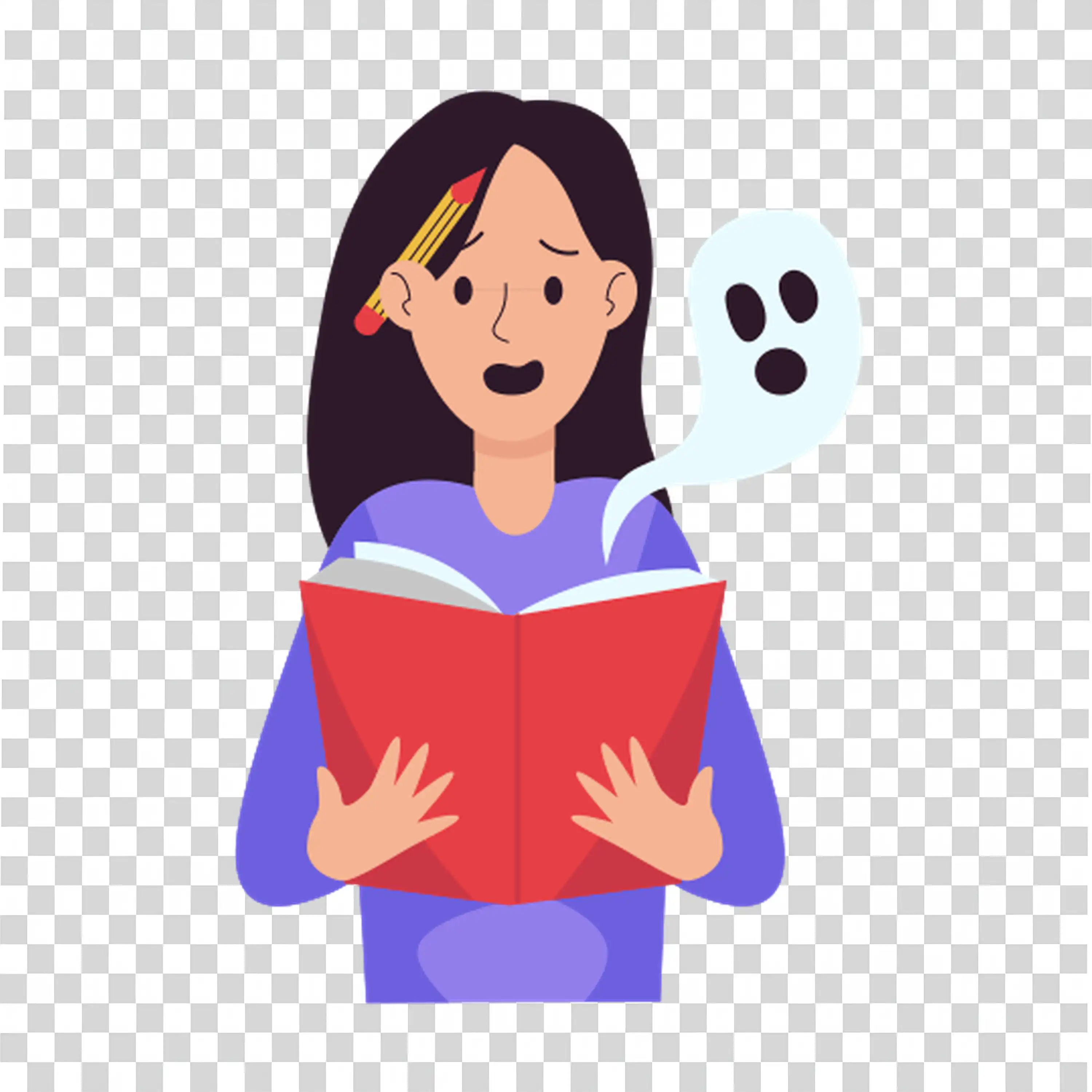 Character looking thoughtfully at a book introspective