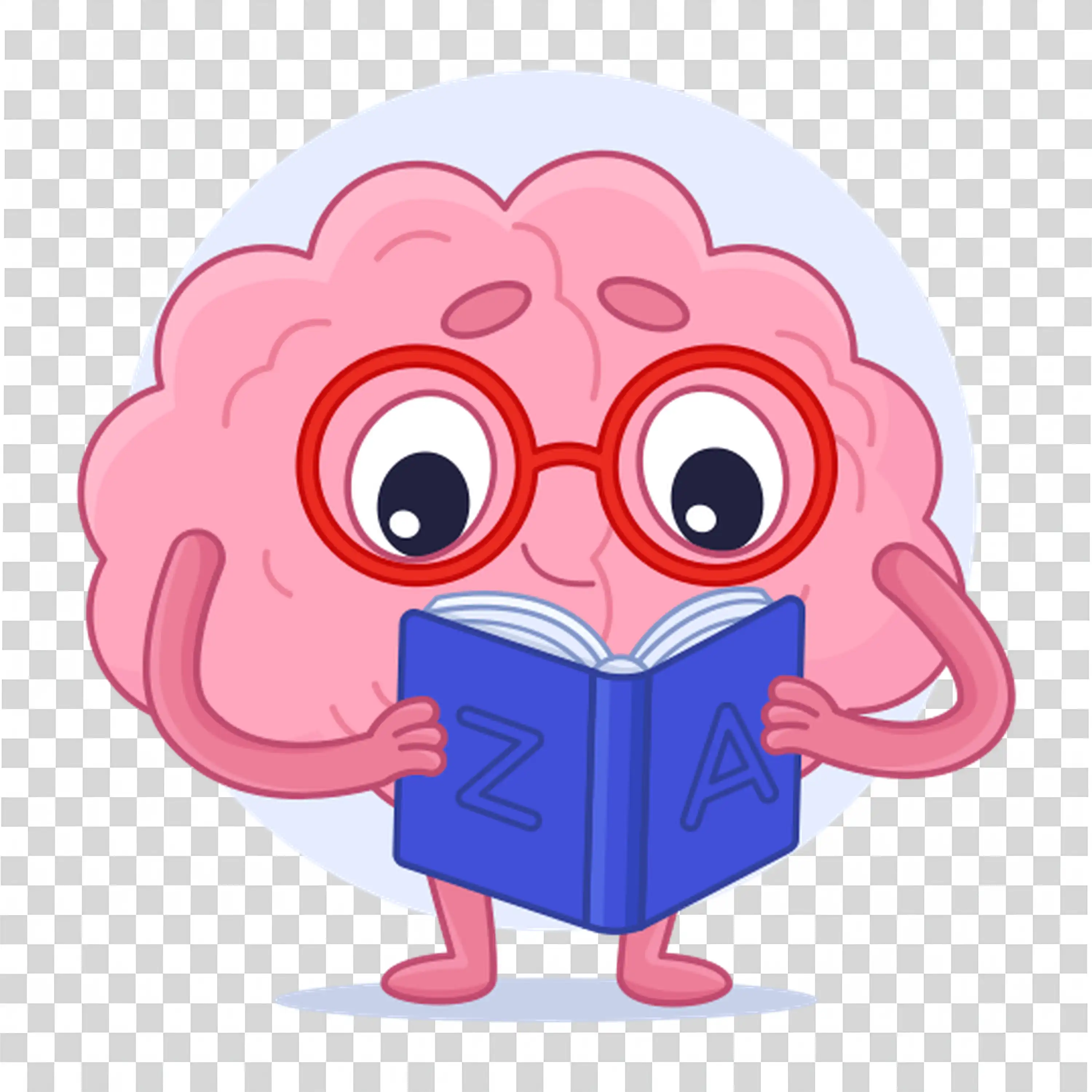 Character reading a book with large expressive glasses