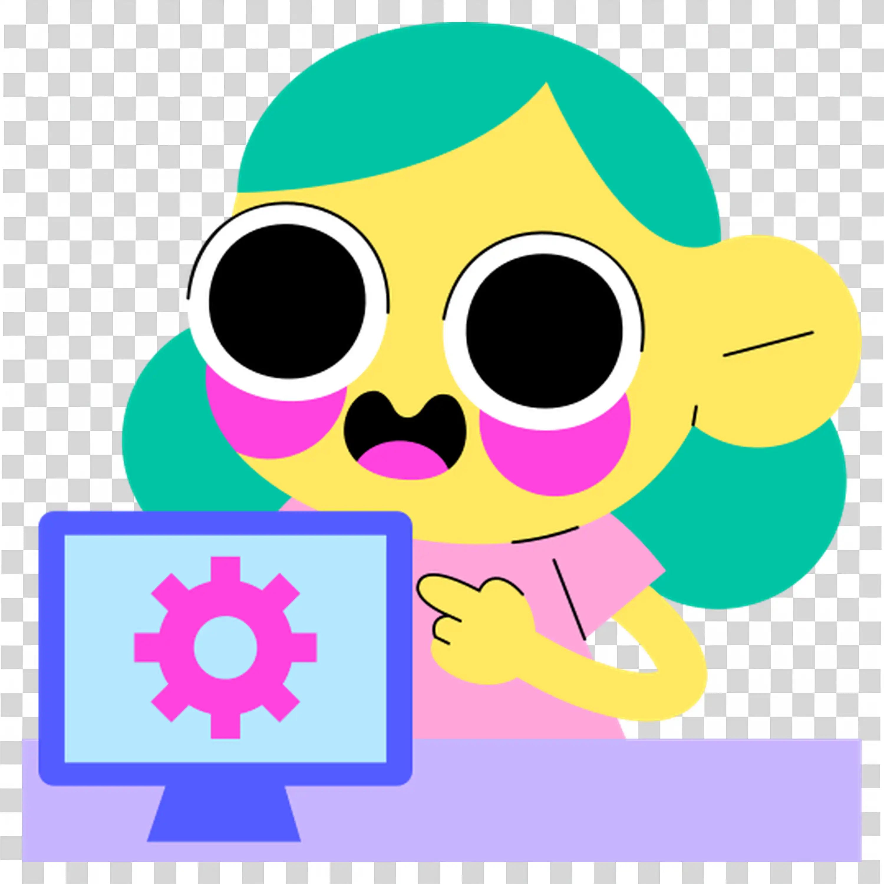 Character with a tech gadget surrounded by animated colors