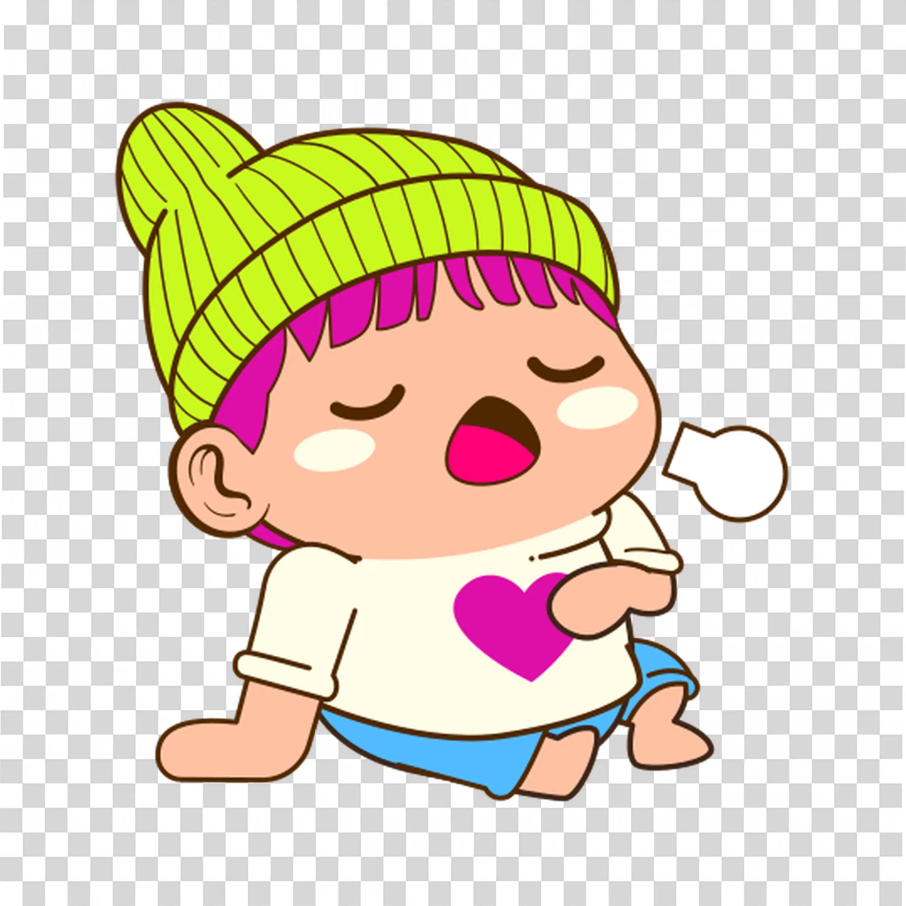 Cheerful child with green cap waving hands high free PNG