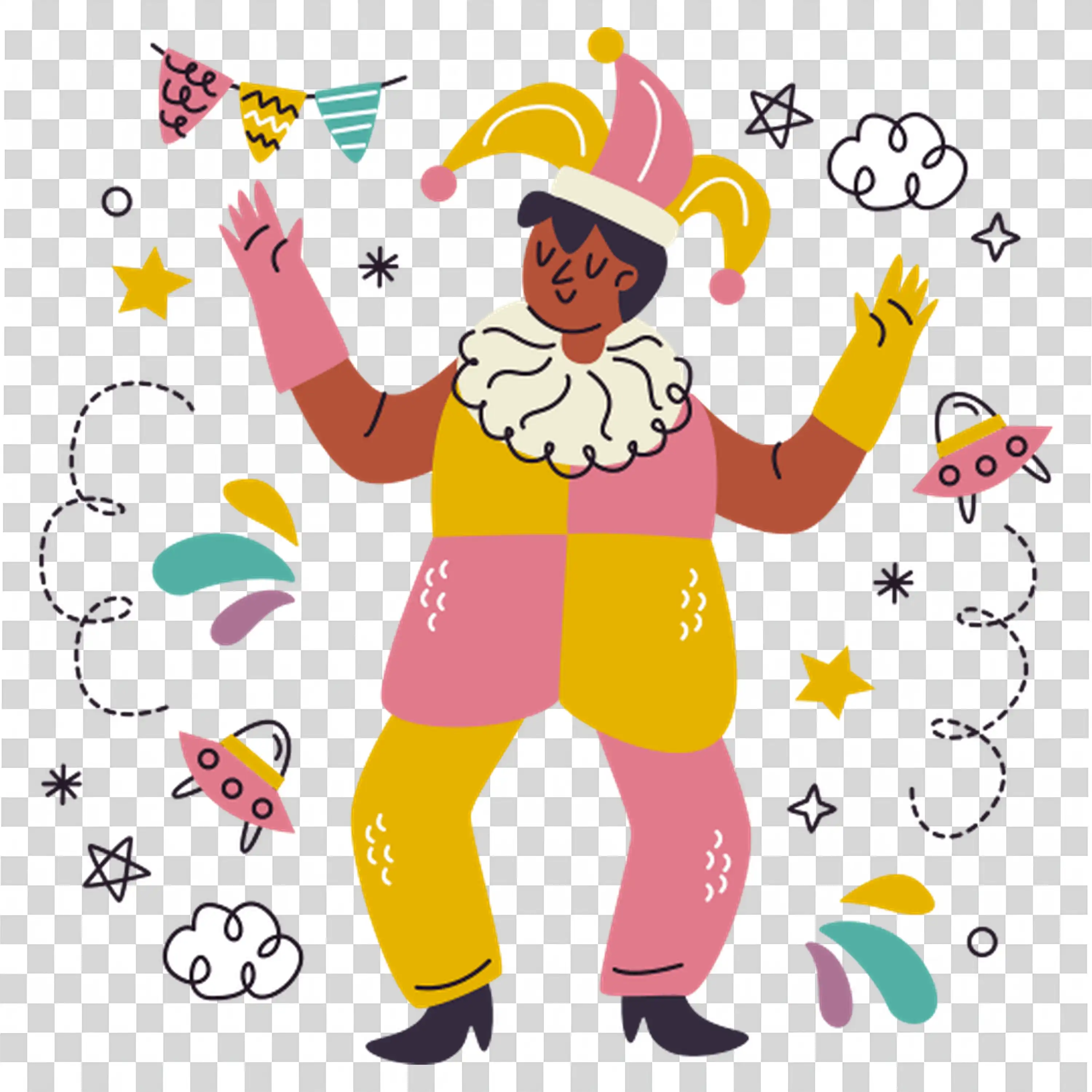 Cheerful man dancing with fun outfit and traditional drum