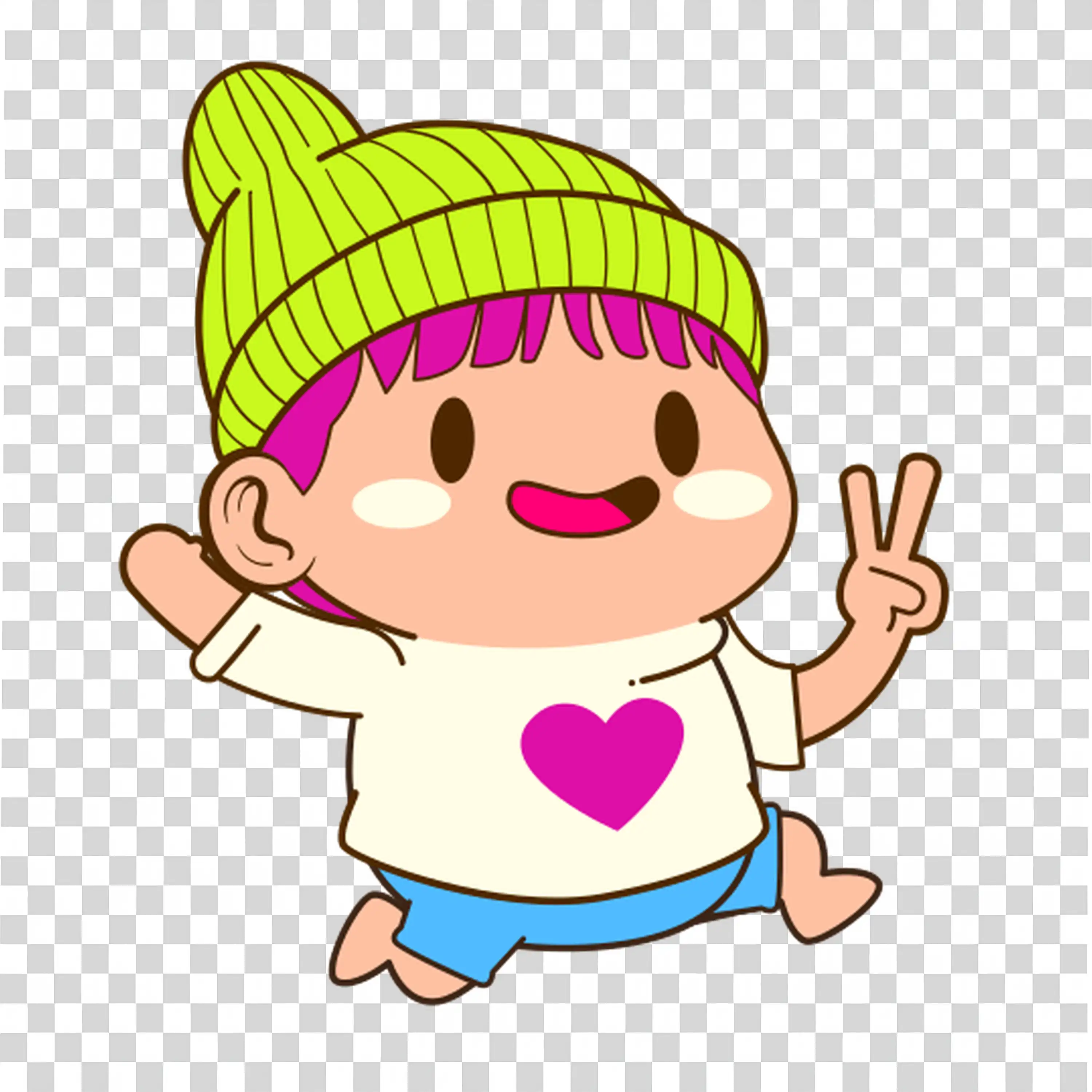 Child in green hat showing thumbs up with happy face