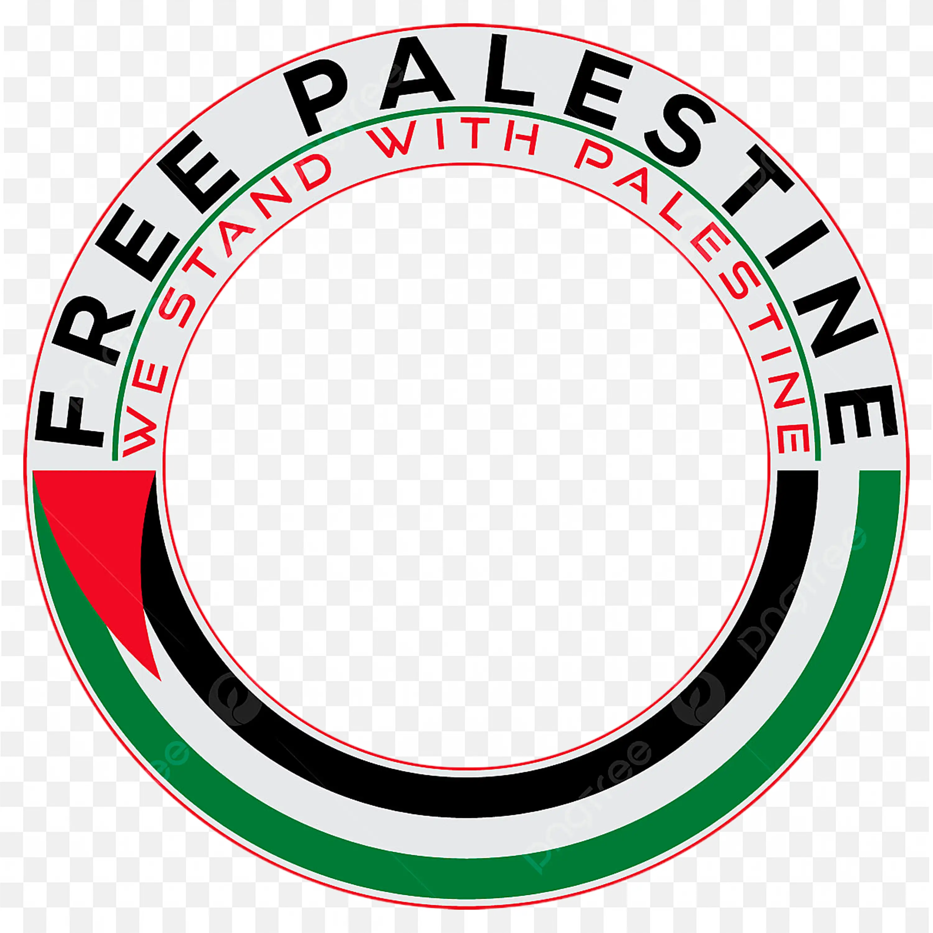 Circular Free Palestine Badge with Flag Colours and Text
